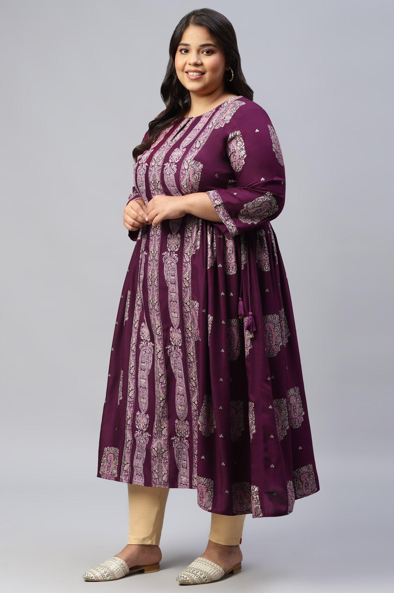 Plus Size Purple Paisley Print kurta With Sequin Highlighting