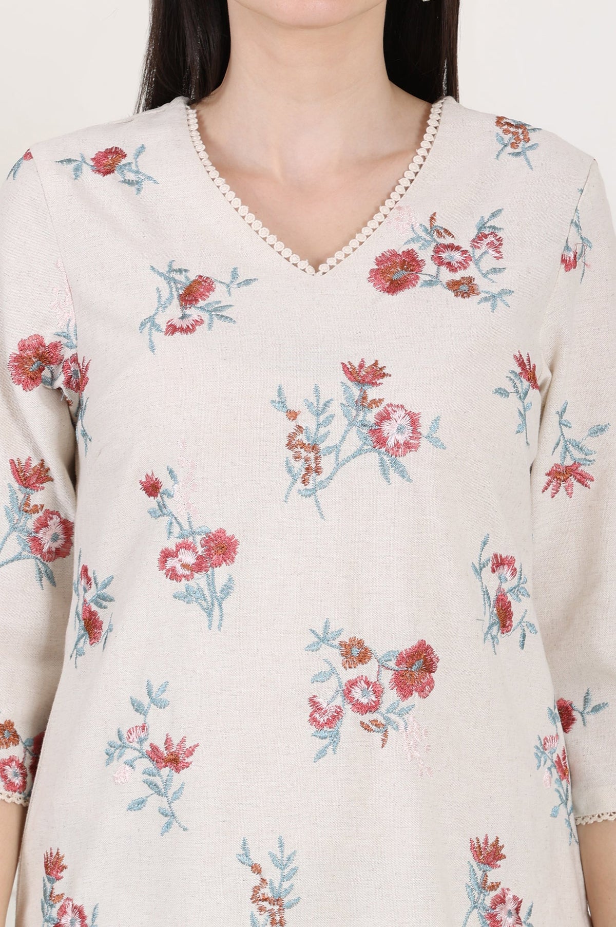 Beige Linen Straight Kurta With Multi-Coloured Thread Work
