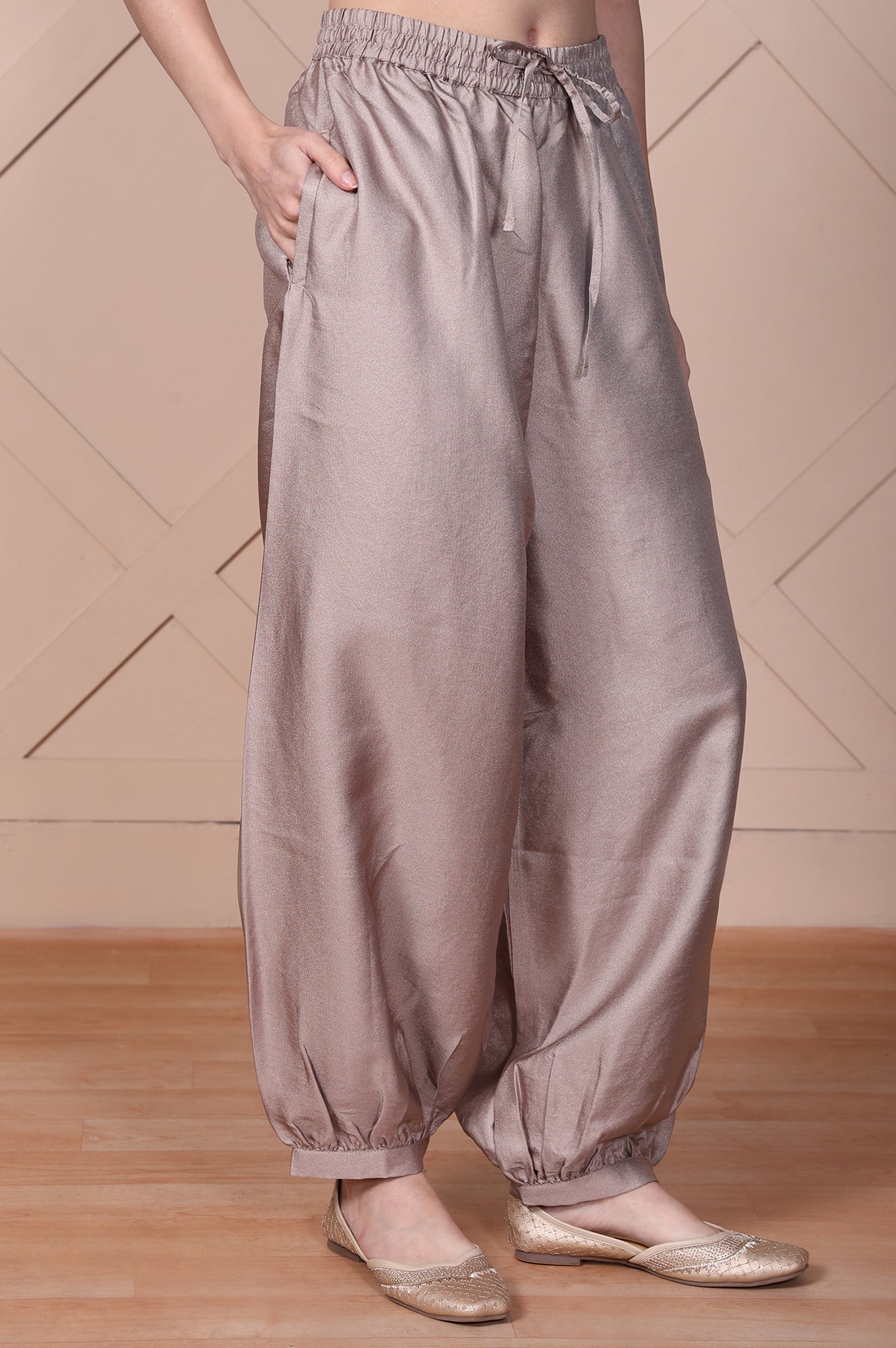 Elleven Women's Beige Solid Lustrous Harem Pant