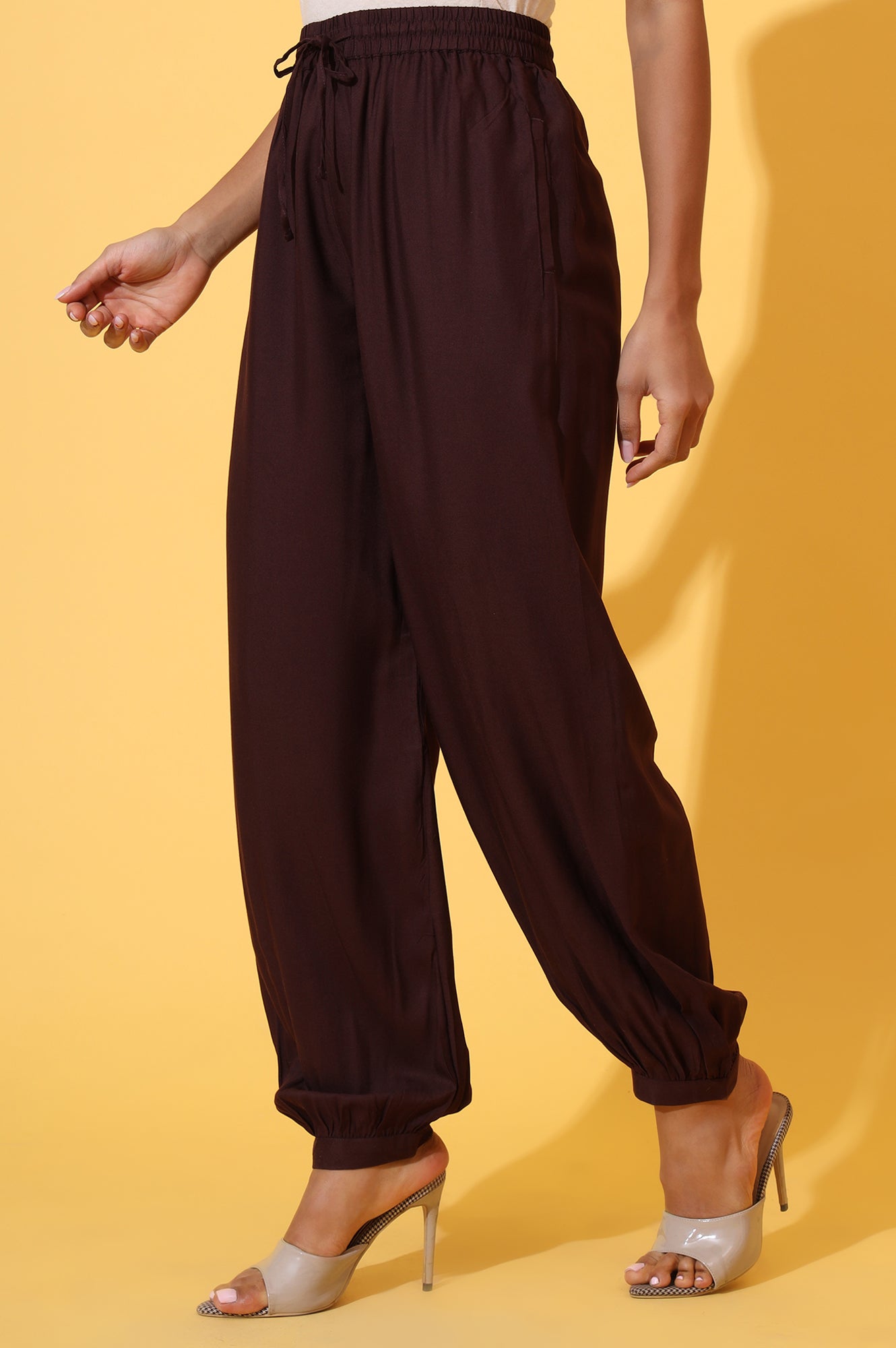 Elleven Women's Brown Solid Ankle Length Rayon Harem Pants