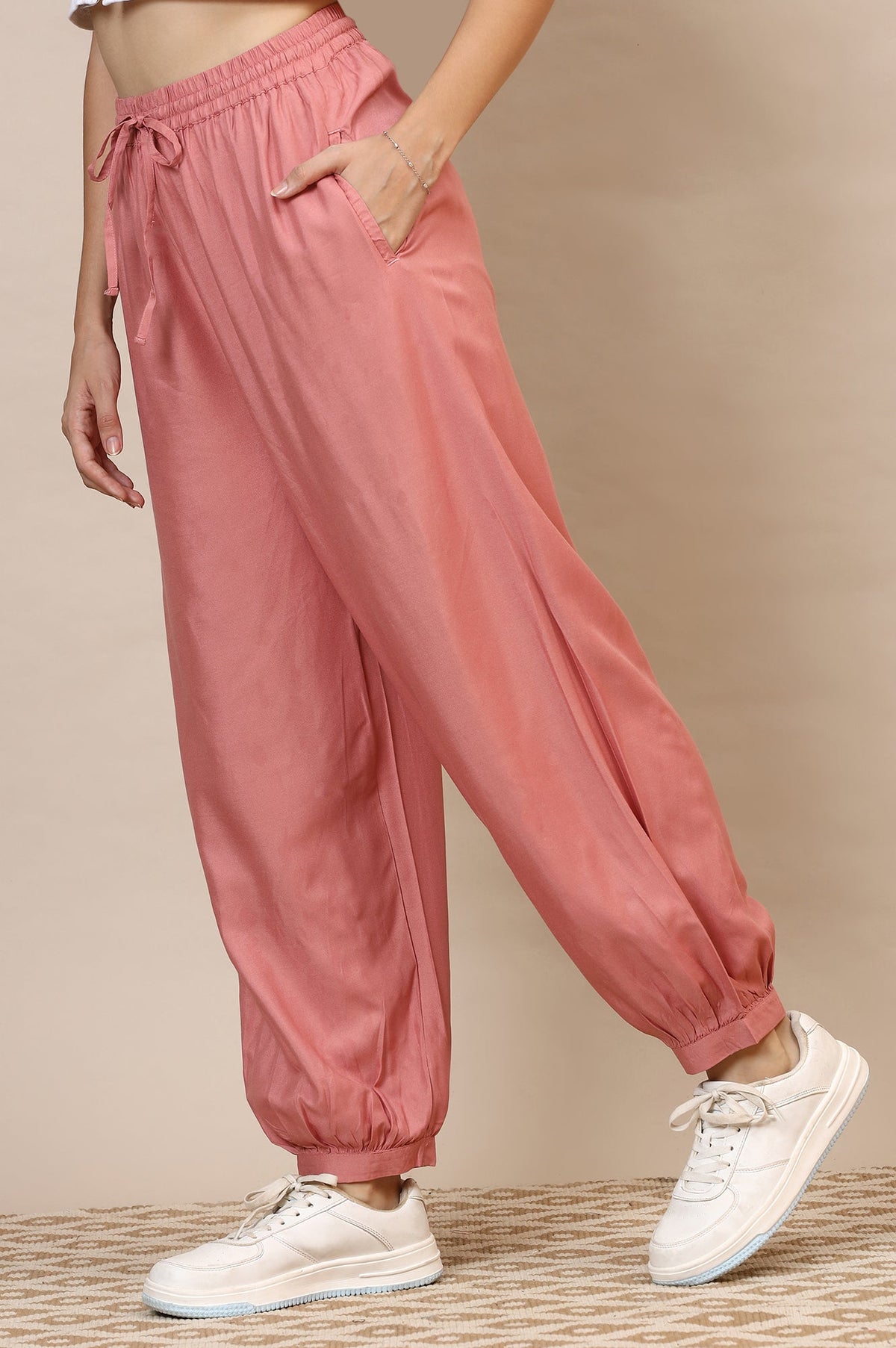 Elleven Women's Pink Solid Loose Fit Rayon Dhoti Pants With Drawstring