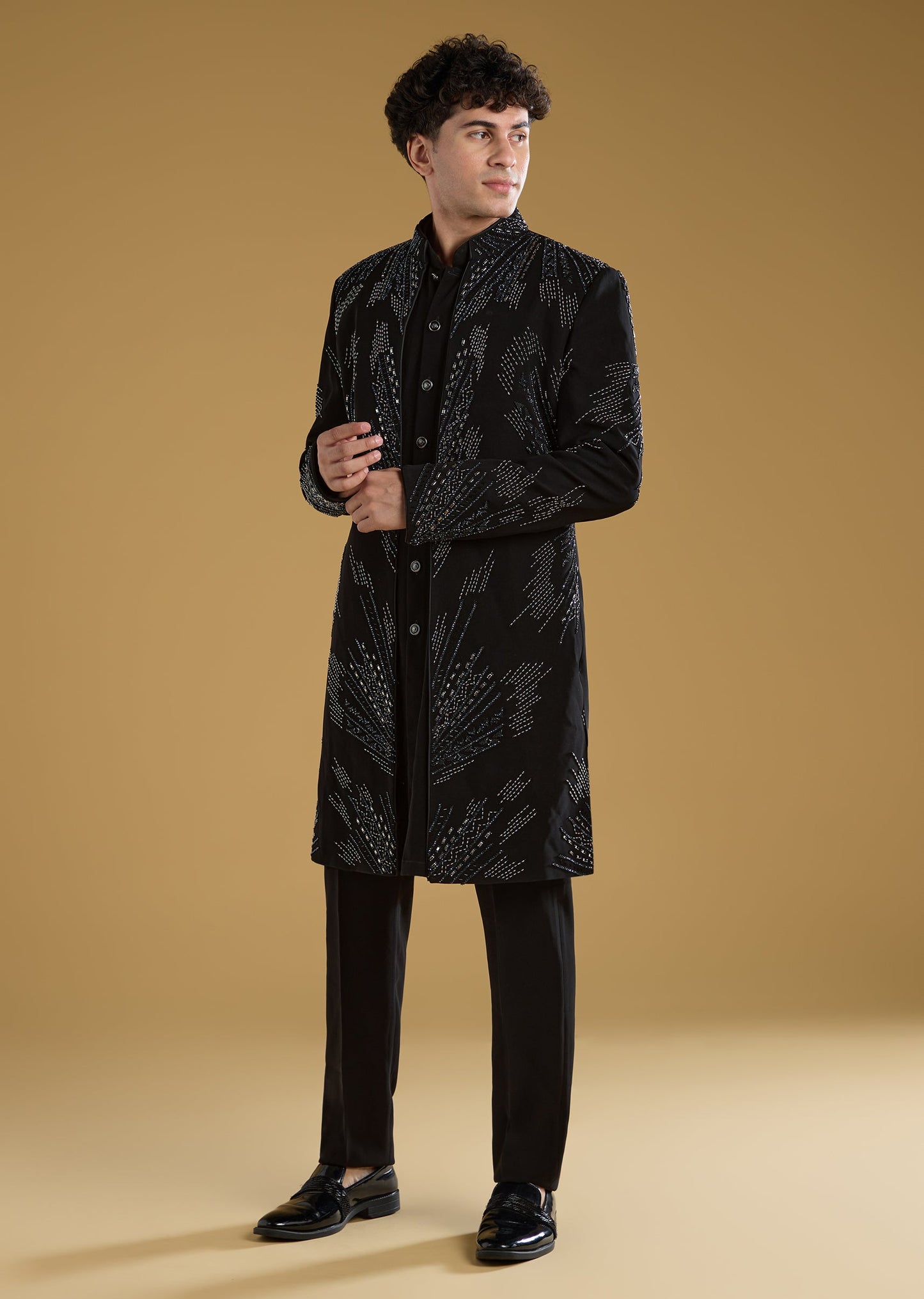 Black Indo Western Set For Men With Beads Work