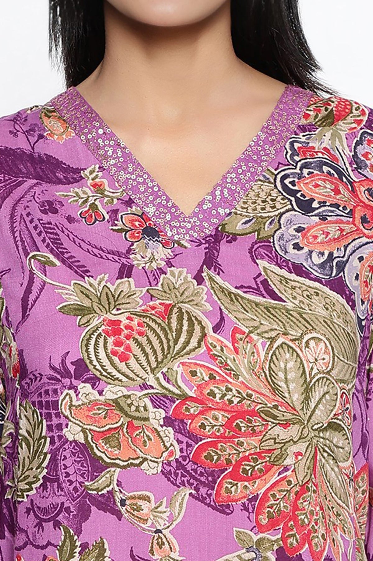 Purple Printed Modal A-line Kurta