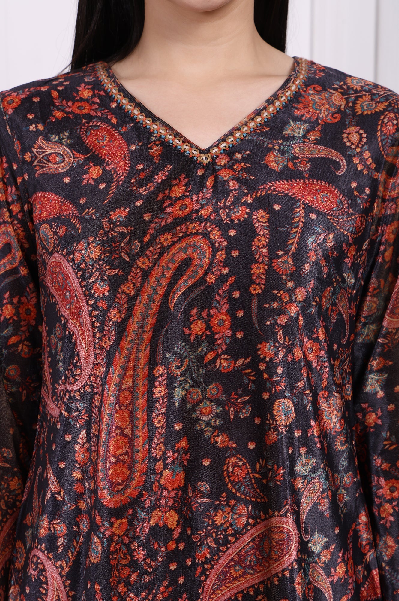 Black Paisley Printed Straight Velvet Tunic with Embroidered Neck