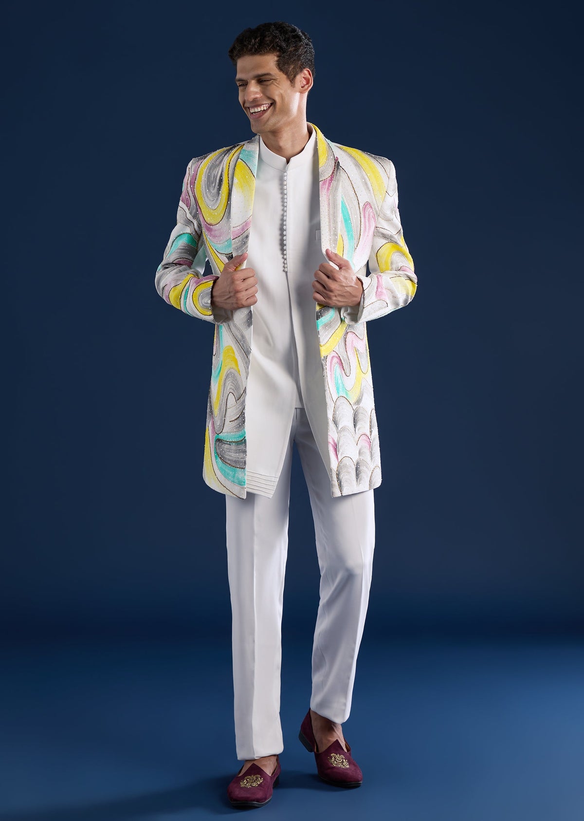 White Indo Western Set For Men With Hand Painted Work