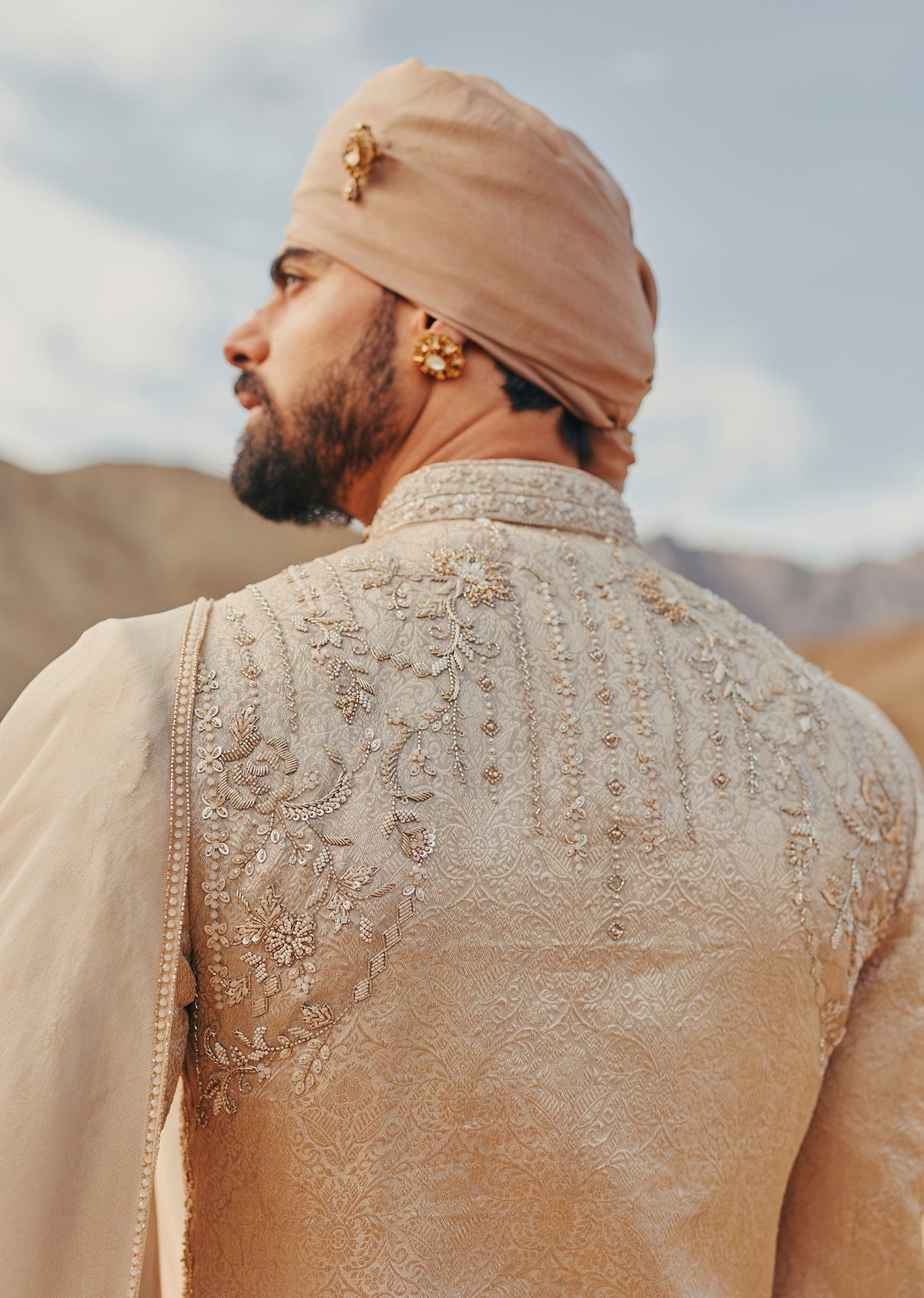 Beige Brocade Sherwani With Tonal Hand Embroidery