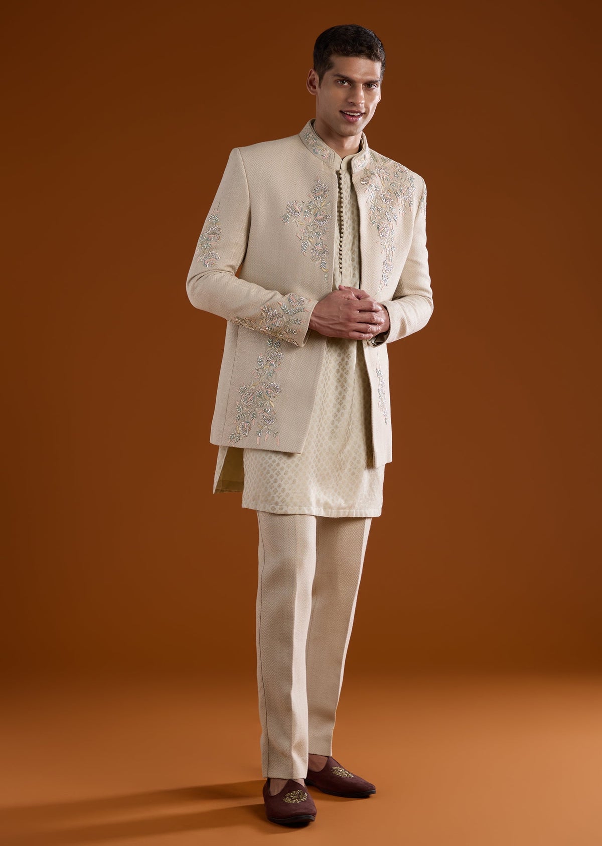 Beige Kurta Jacket Set With Thread Sequins And Cut Dana Work