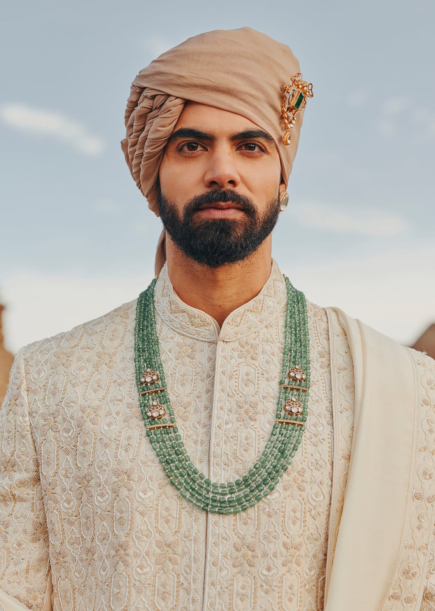 Beige Raw Silk Hand Embroidered Sherwani