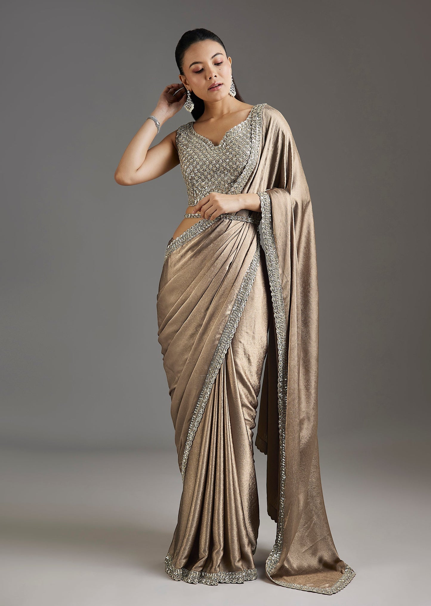 Beige Rose Gold Chiffon Saree With Embellished Border