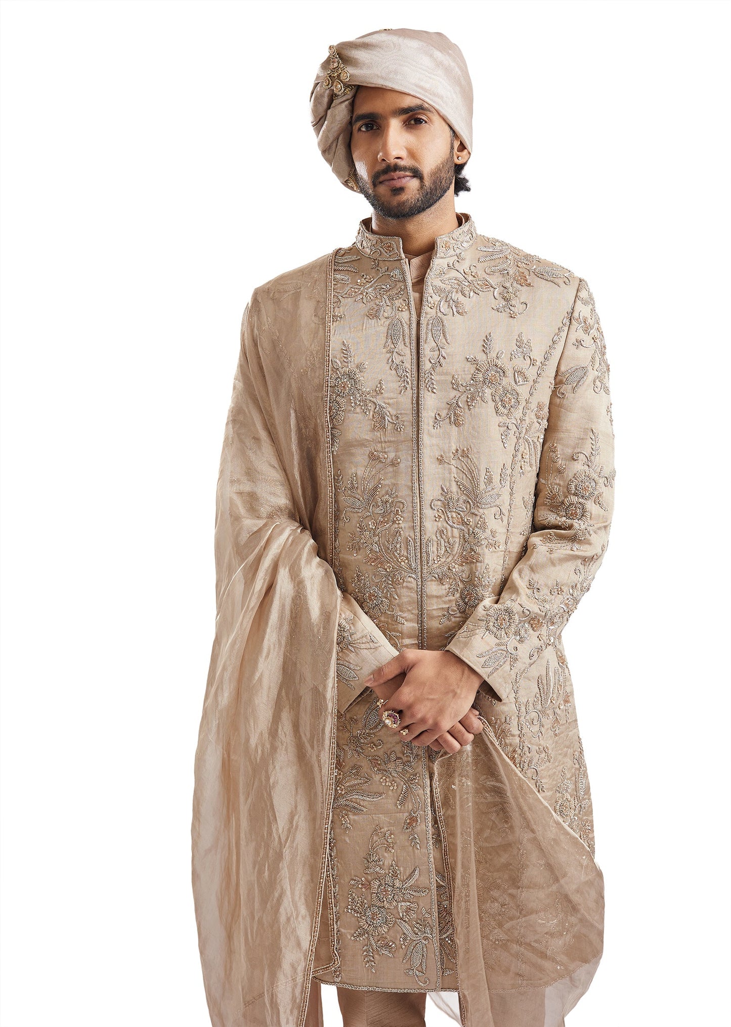 Beige Tussar Intricately Embroidered Sherwani