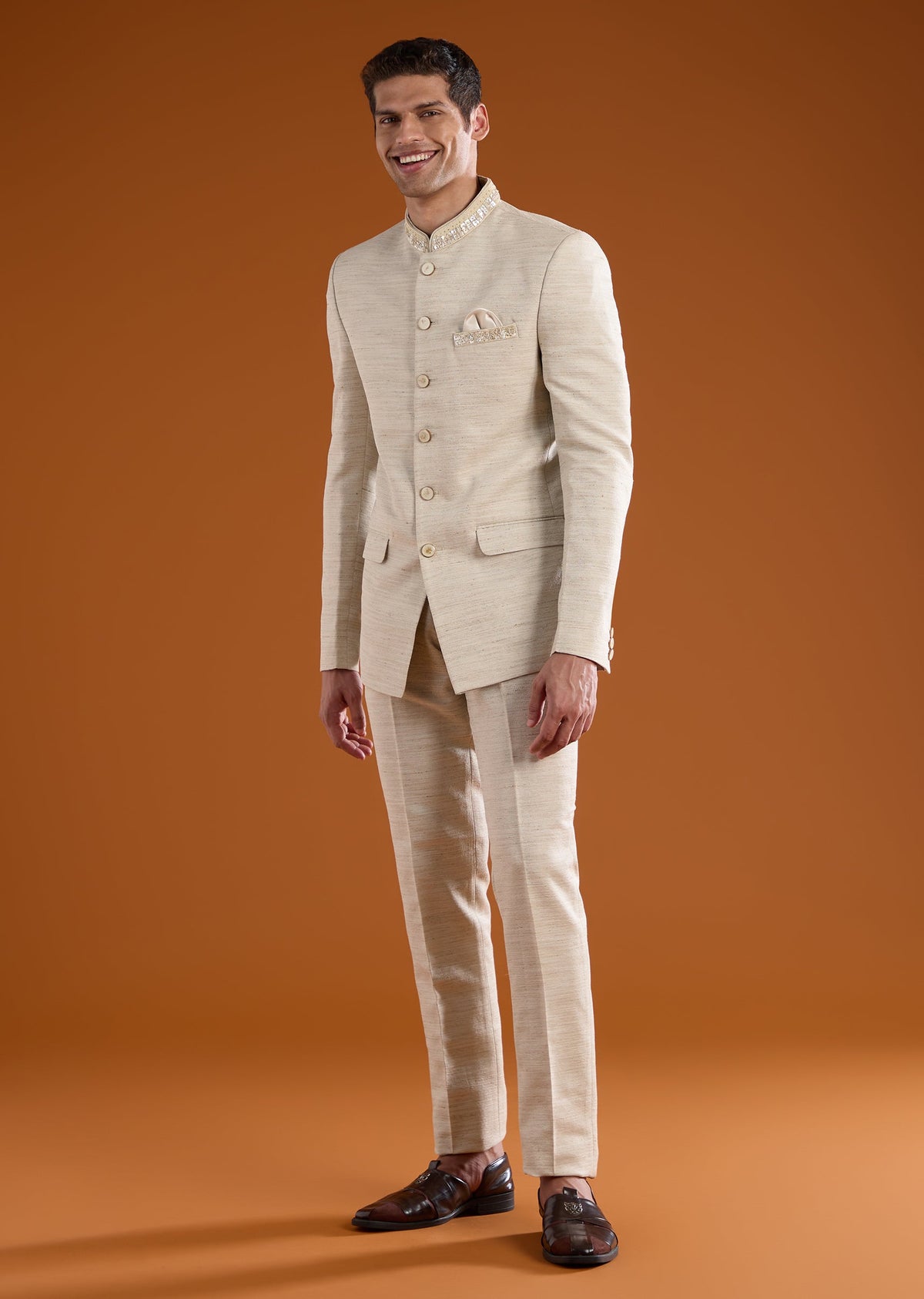 Beige Viscose Jodhpuri Pant Set with Pearl Work