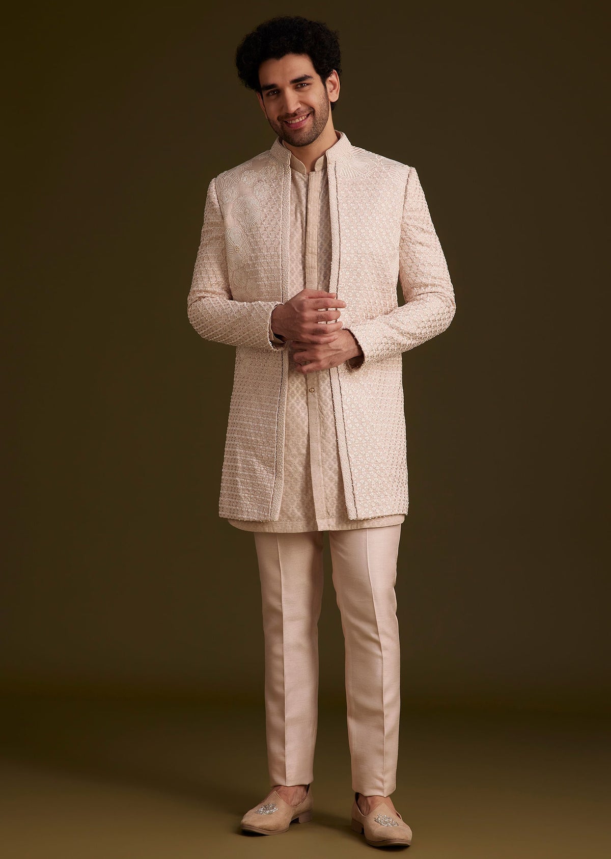 Beige Embroidered Indo Western Set