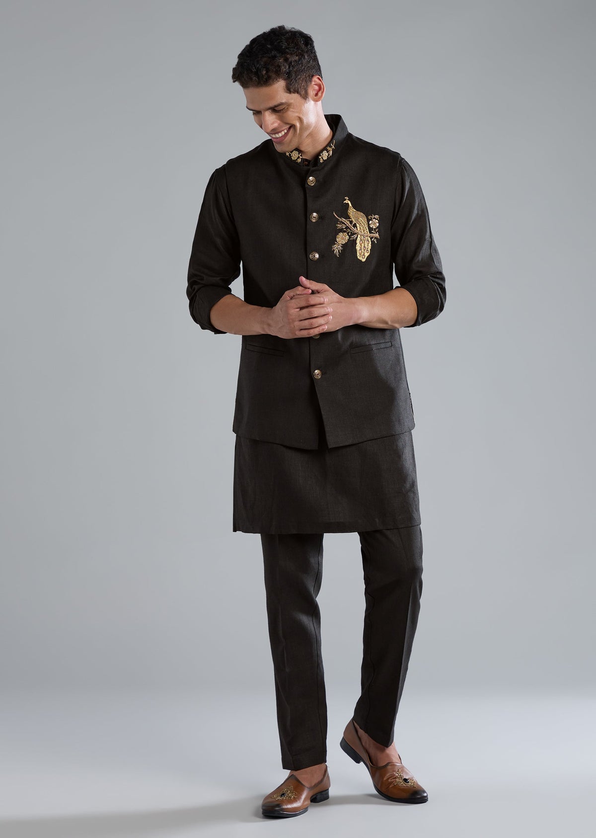 Black Kurta Jacket Set With Zardosi Hand Work