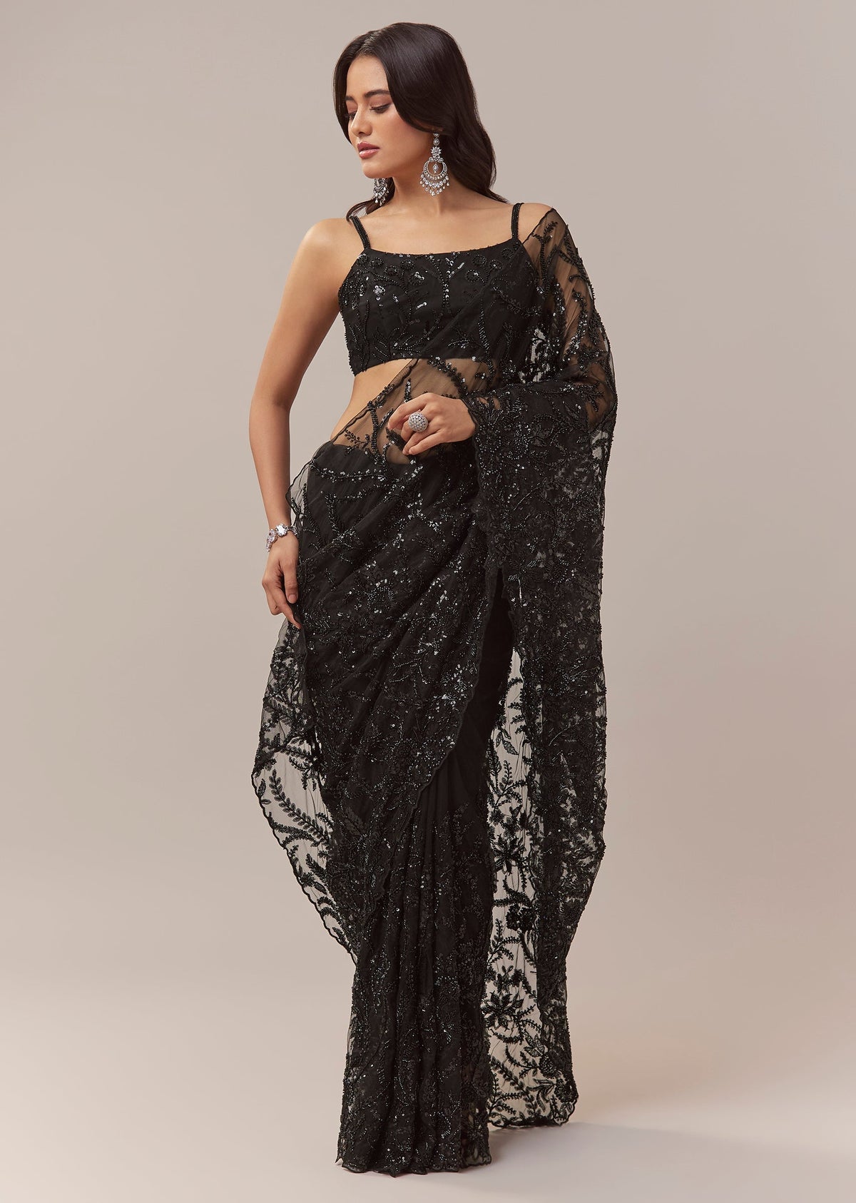Black Net Saree With Floral Jaal Work And Cutwork Border