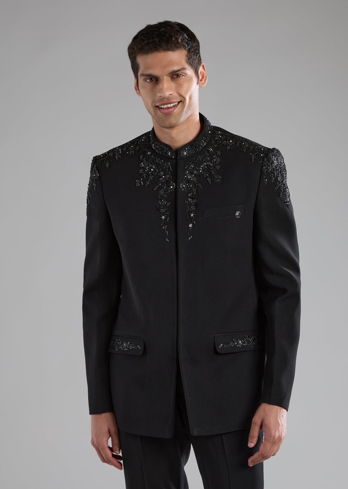 Black Rayon Jodhpuri Pant Set with Zardozi Work