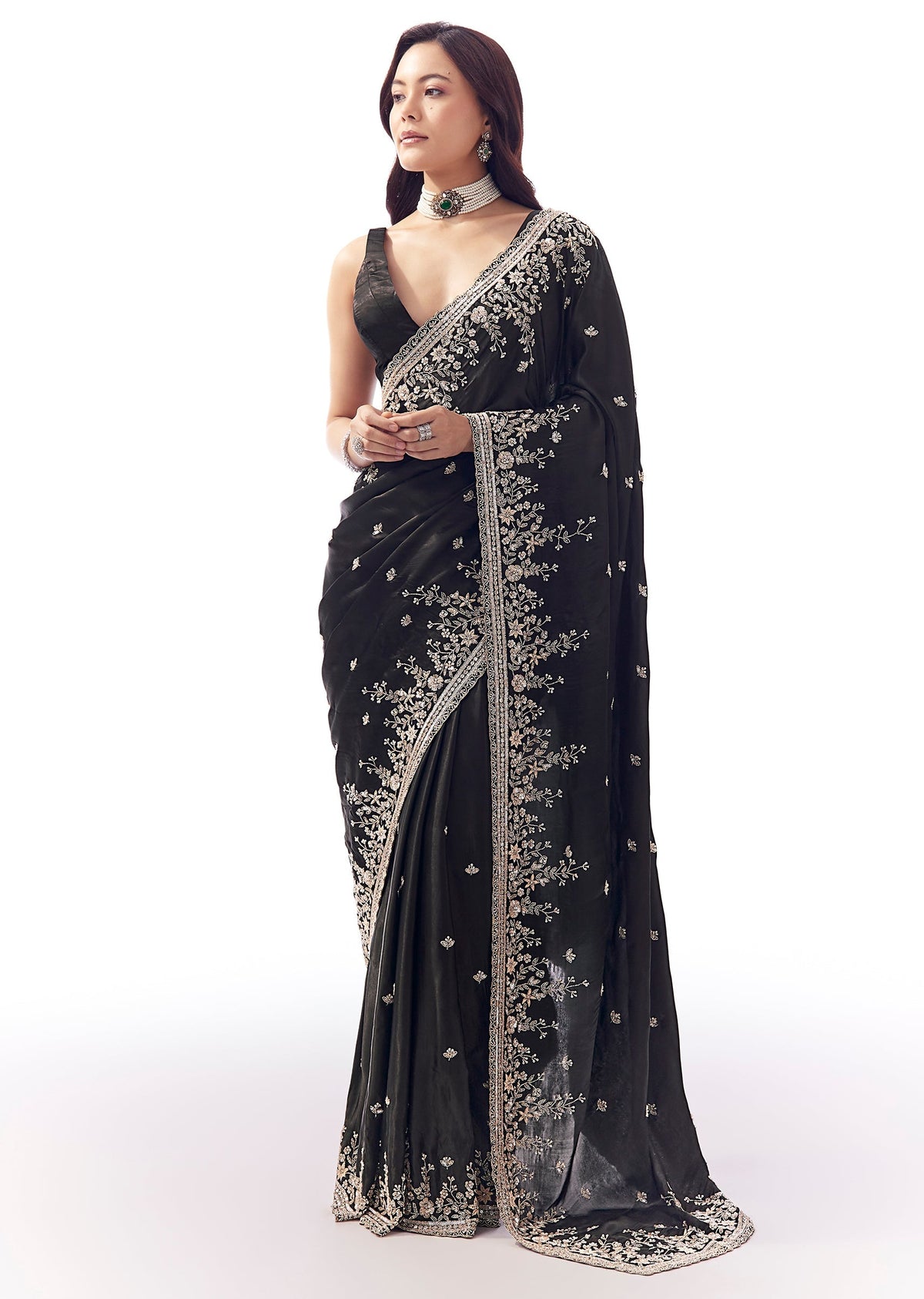 Black Tissue Silk Saree With Heavy Floral Embroidered Butti Border