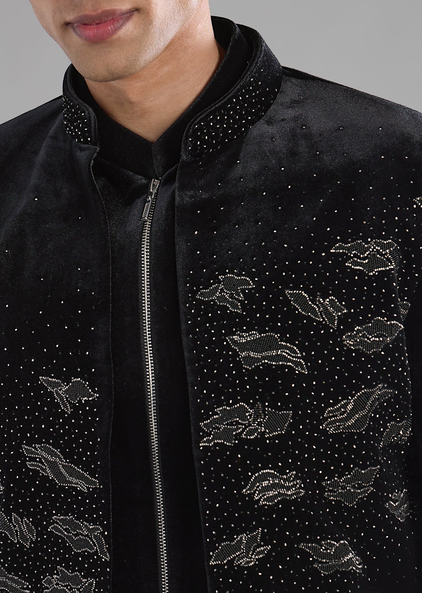 Black Velvet Indowestern Jacket Set with Bead Work