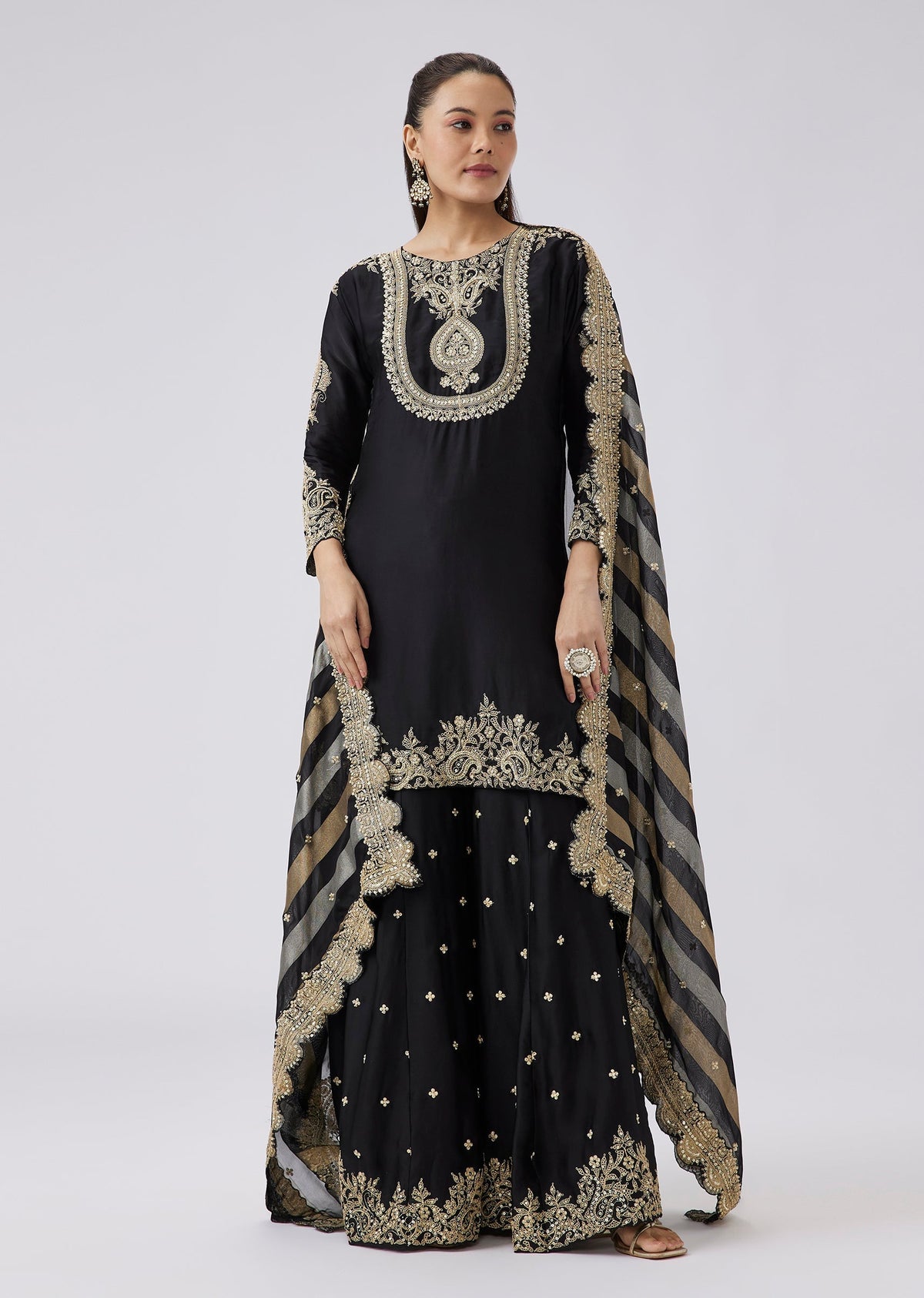 Black Zari and Moti Embroidered Kurta with Palazzo