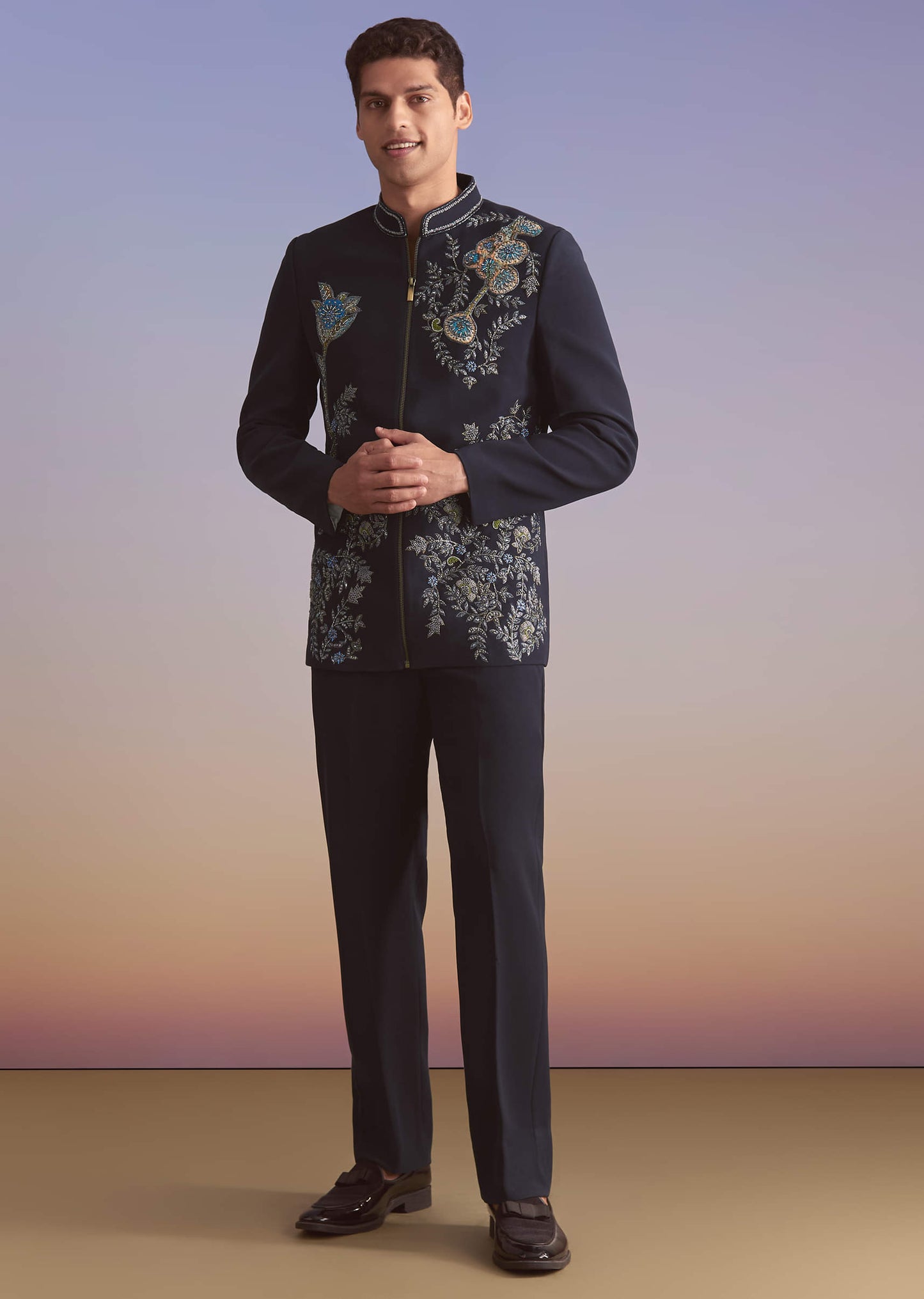 Blue Kurta Jacket Set For Men With Sequins And Moti Work