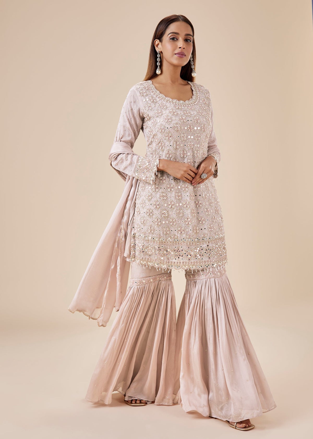 Blush Pink Chinon Mirror Embroidered Sharara Suit Set