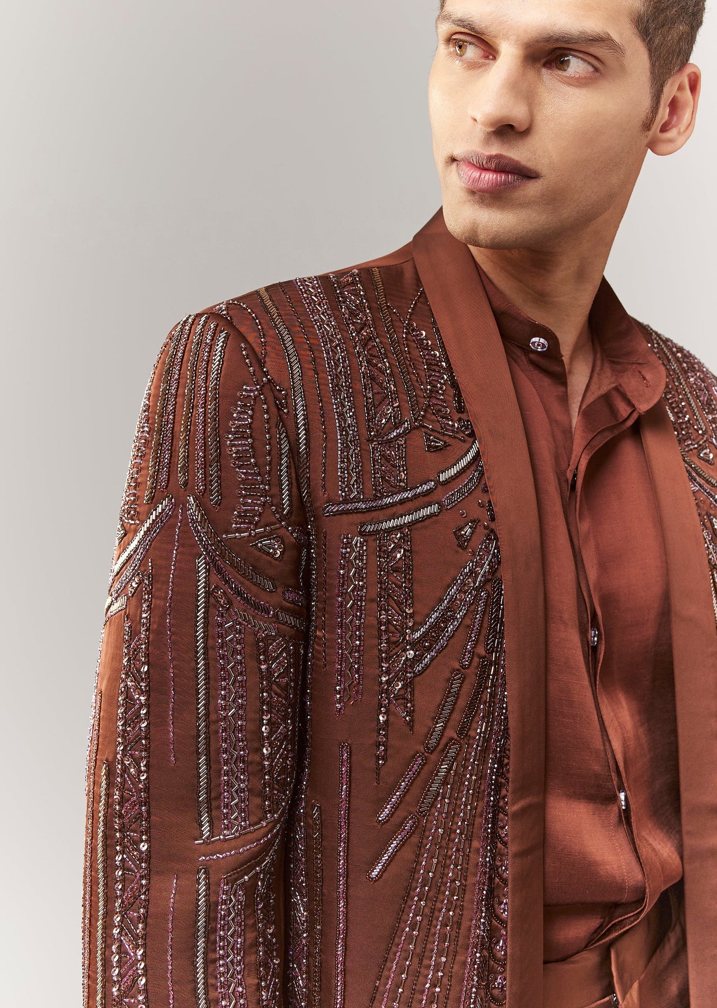 Brown Hand Embroidered Blazer Set With Waistcoat