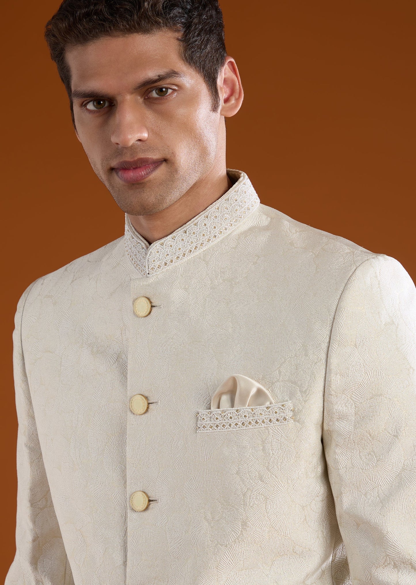 Cream Viscose Jodhpuri Pant Set with Bead Work
