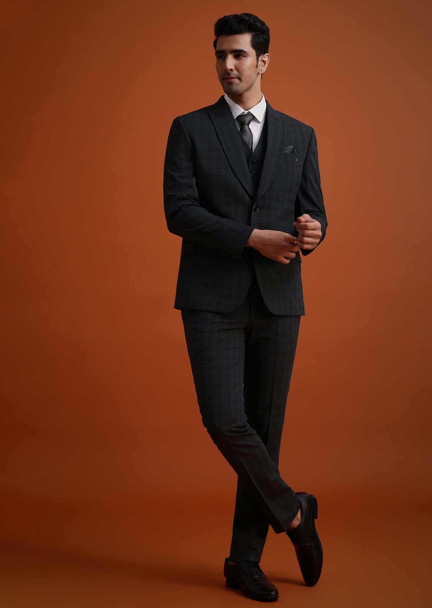 Dark Grey Tuxedo And Pant Set With Checkered Detail