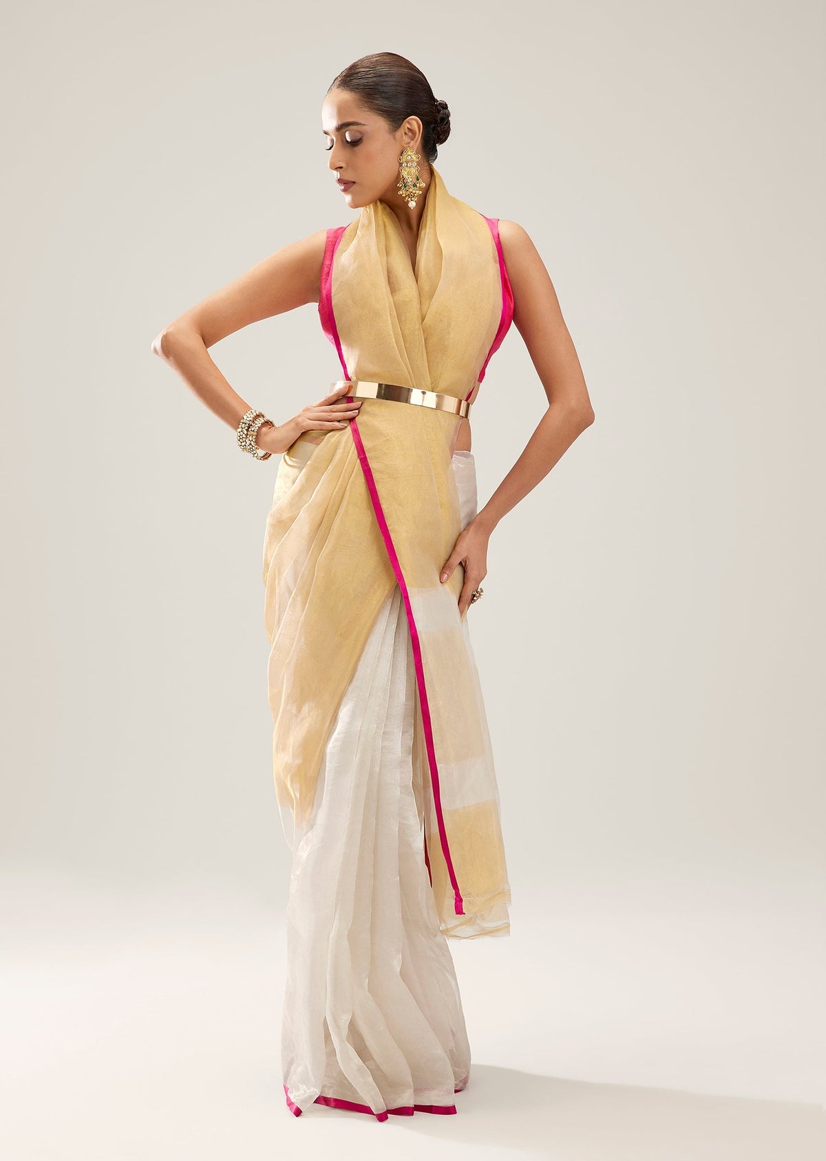 Gold And White Stripe Banarasi Tissue Saree