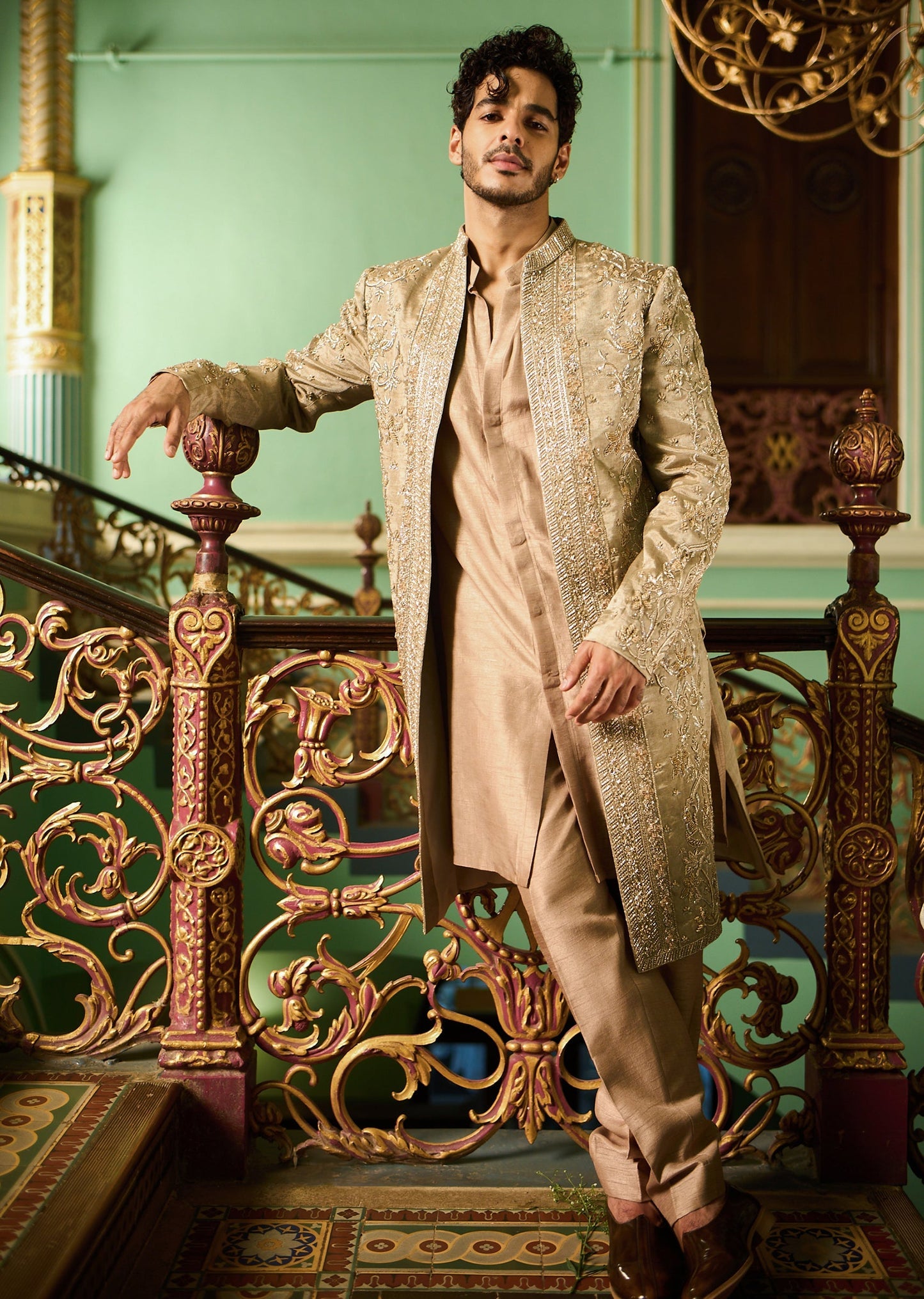 Ishan Khatter In Our Gold Handcrafted Wedding Sherwani With Stole