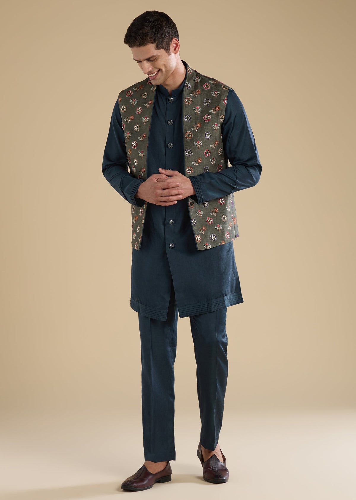 Green Embellished Jacket Kurta Set With Pants