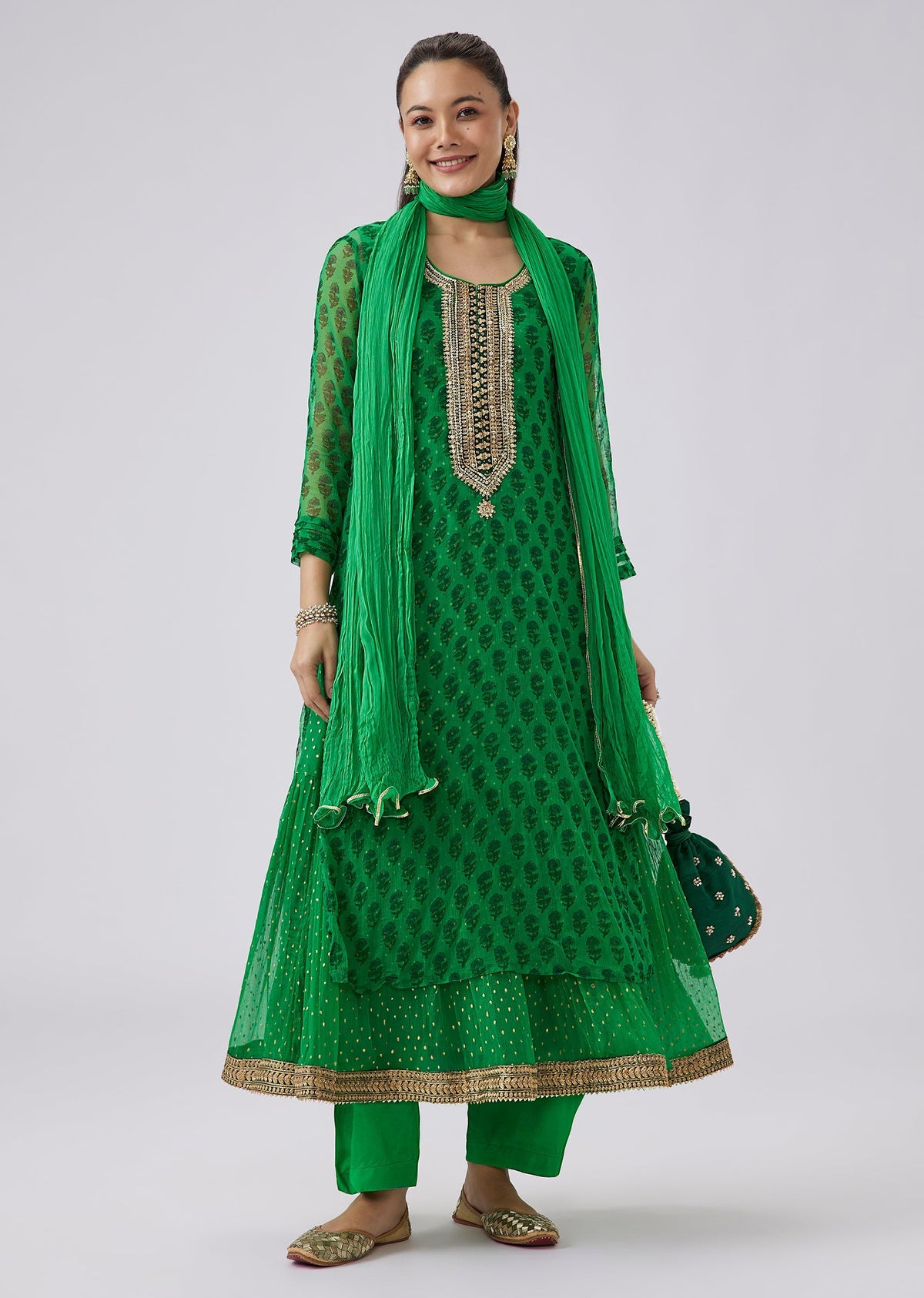 Green Floral Block Print Kurta With Pant