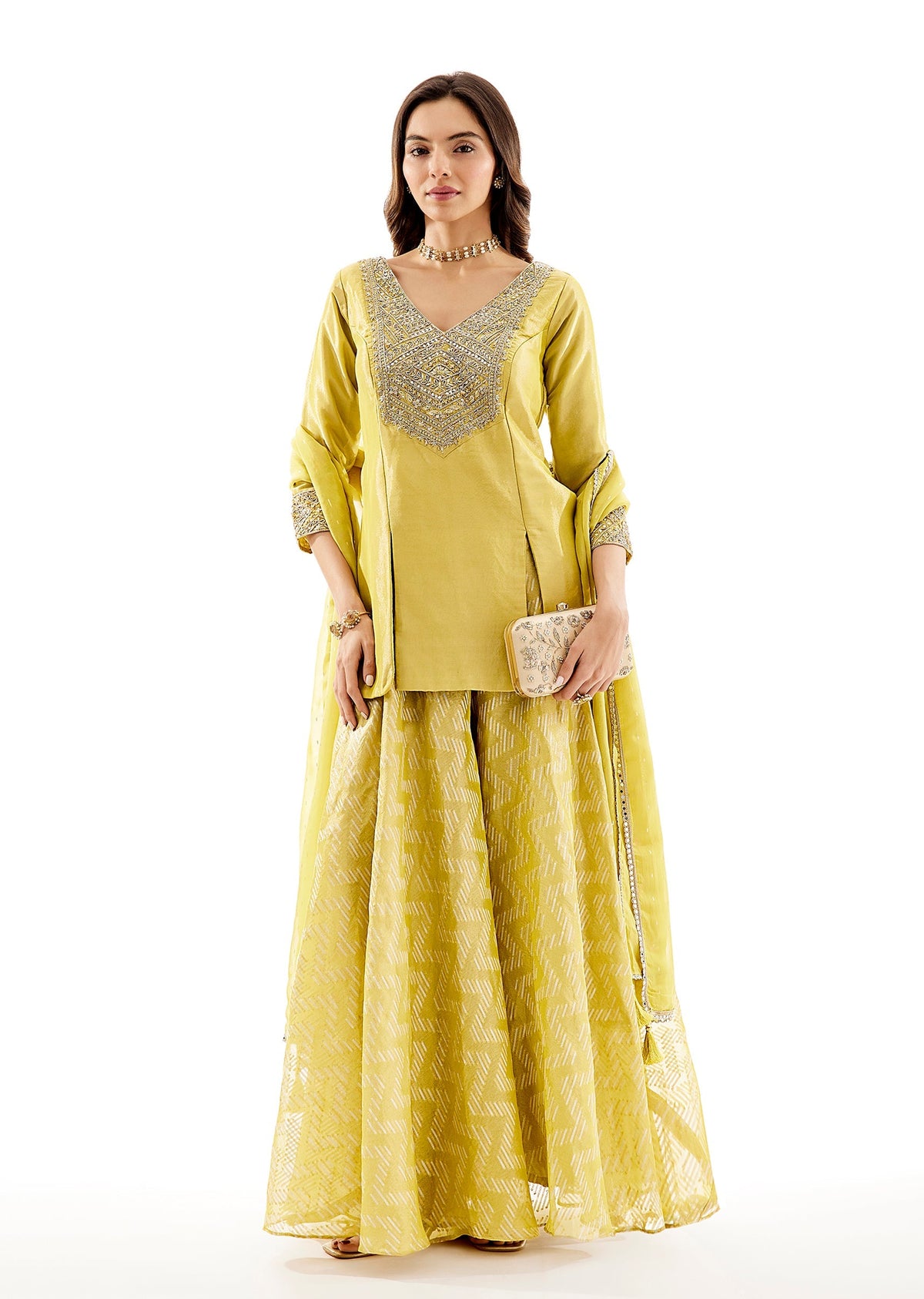Green Organza Short Kurti Dupatta Set With Zardosi Yoke