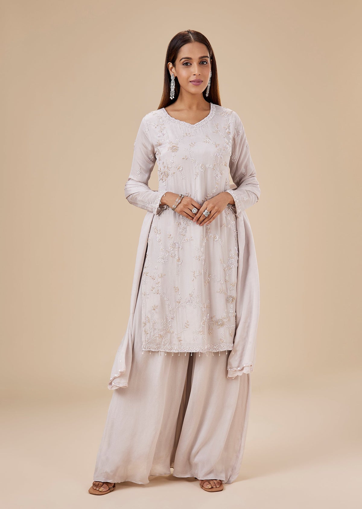 Grey Chinon Sequin Embroidered Sharara Suit Set