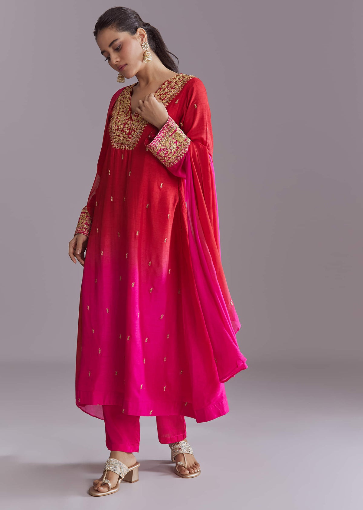 Hot Pink Ombre Silk Kurta Set With Zari Embroidery