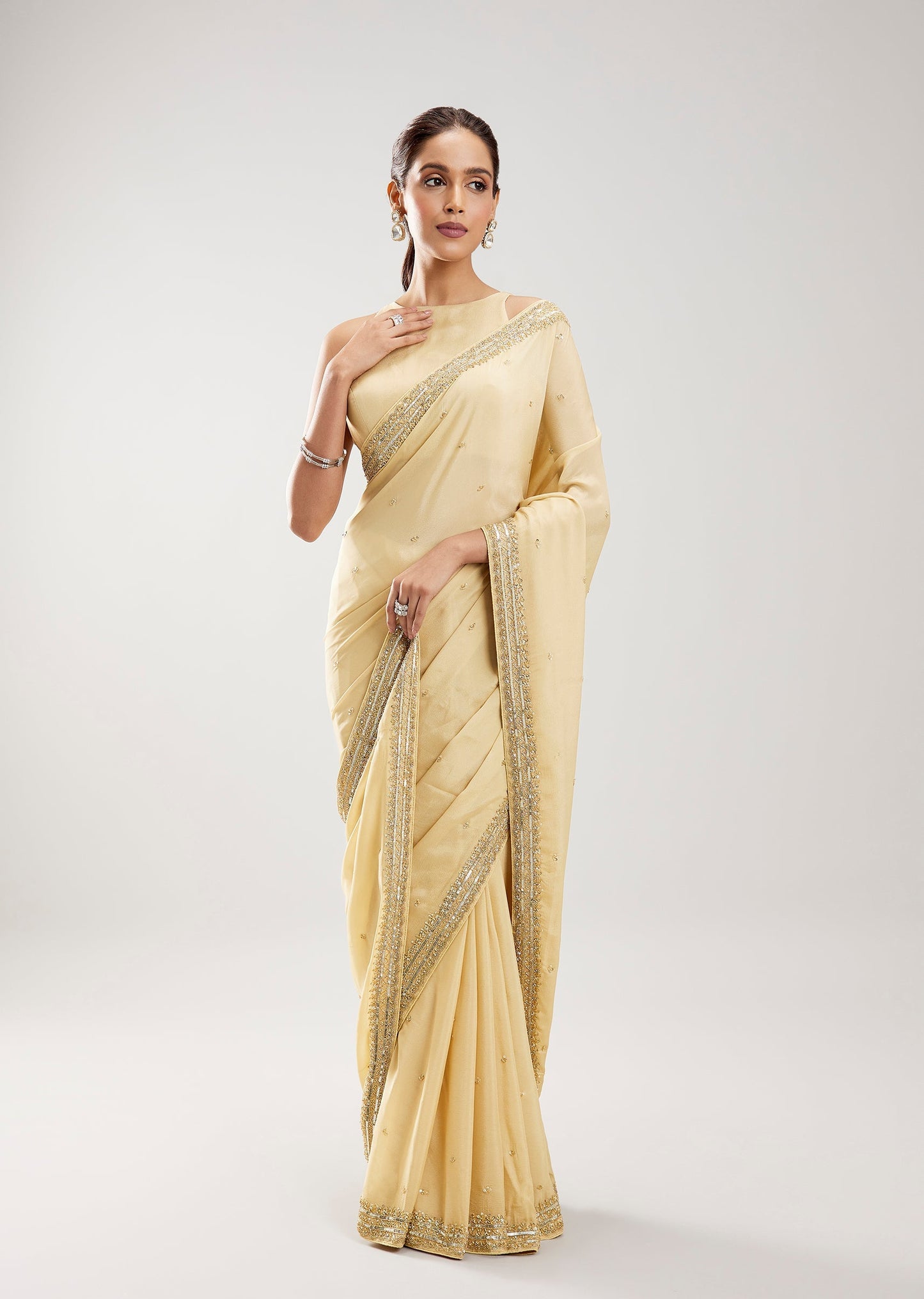 Ivory Chinon Saree With Cut Dana Embellished Border And Pallu