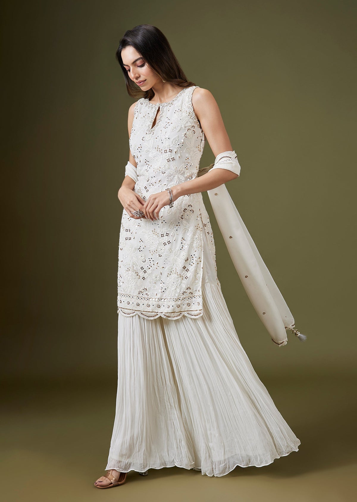 Ivory Georgettte Mirror Embellished Sharara Suit Set