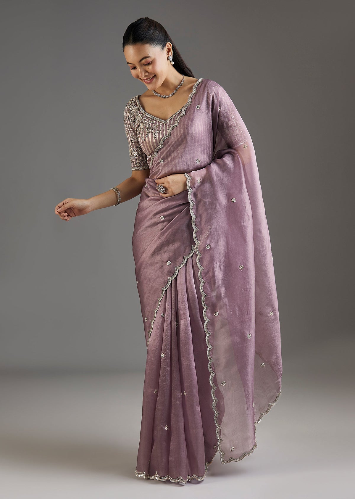 Lilac Organza Saree With Embellished Scallop Border