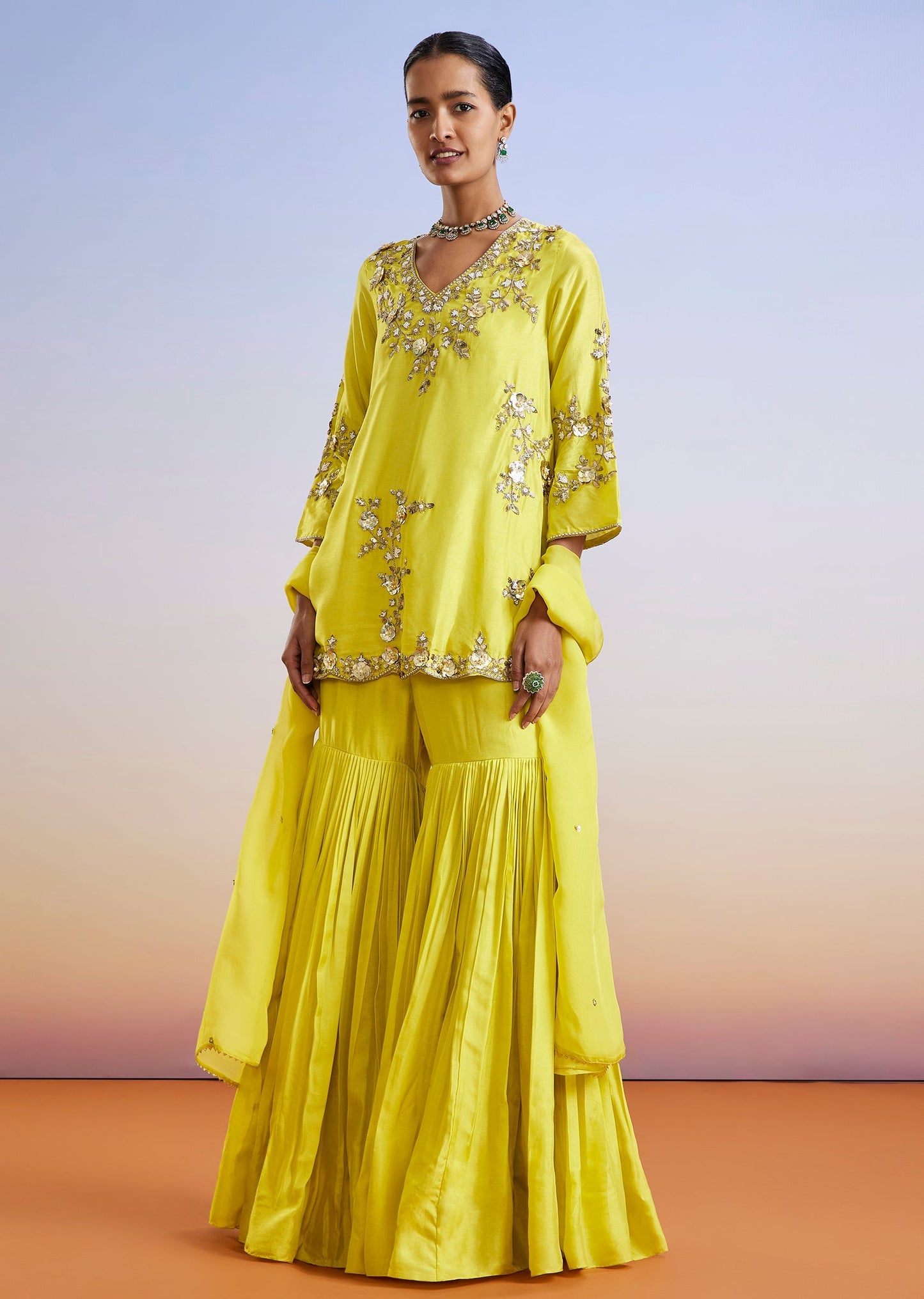 Lime Green Embroidered Silk Sharara Suit With Dupatta