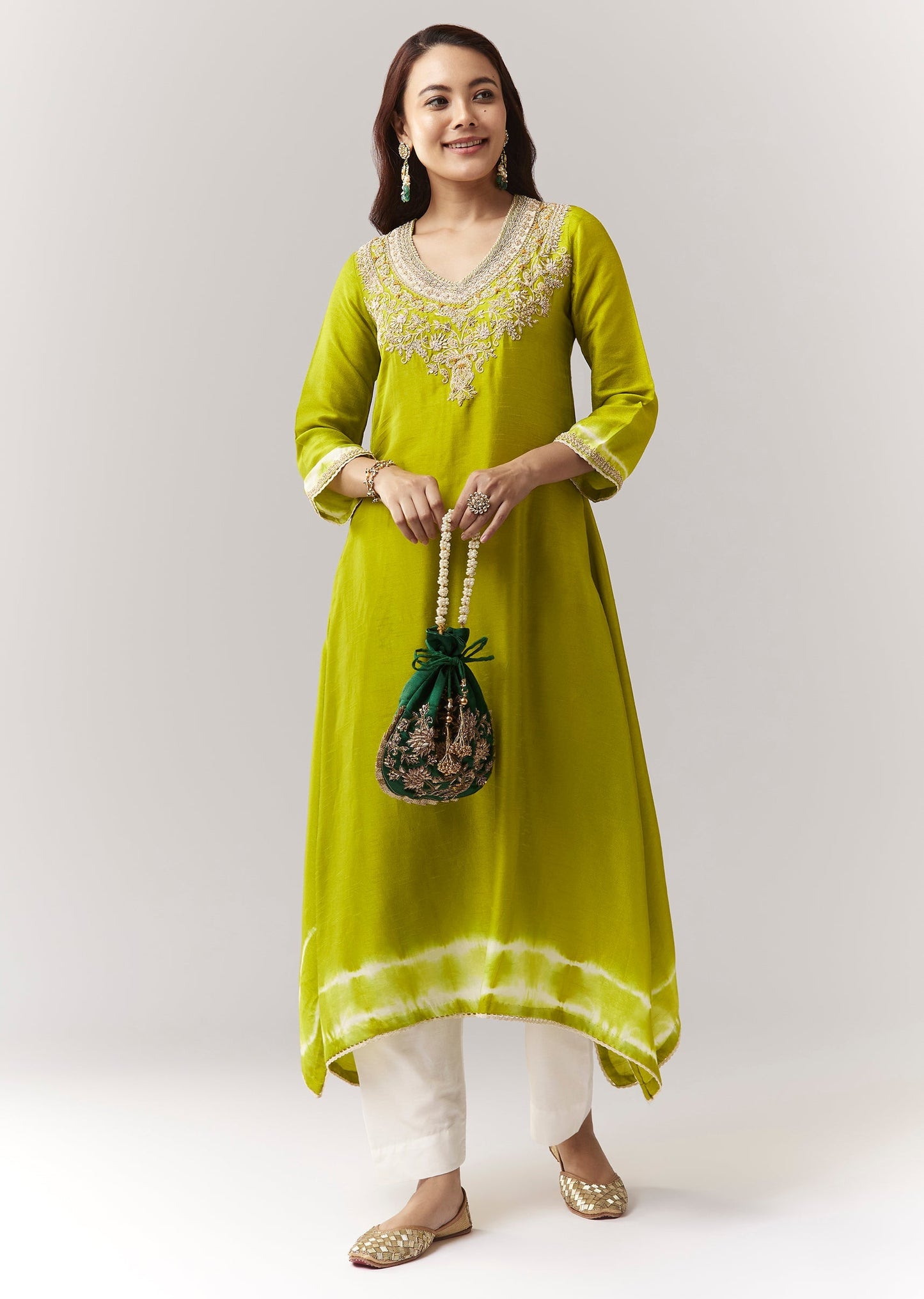 Lime Green Leheriya A Line Kurta Palazzo Set With Zardosi And Moti Work