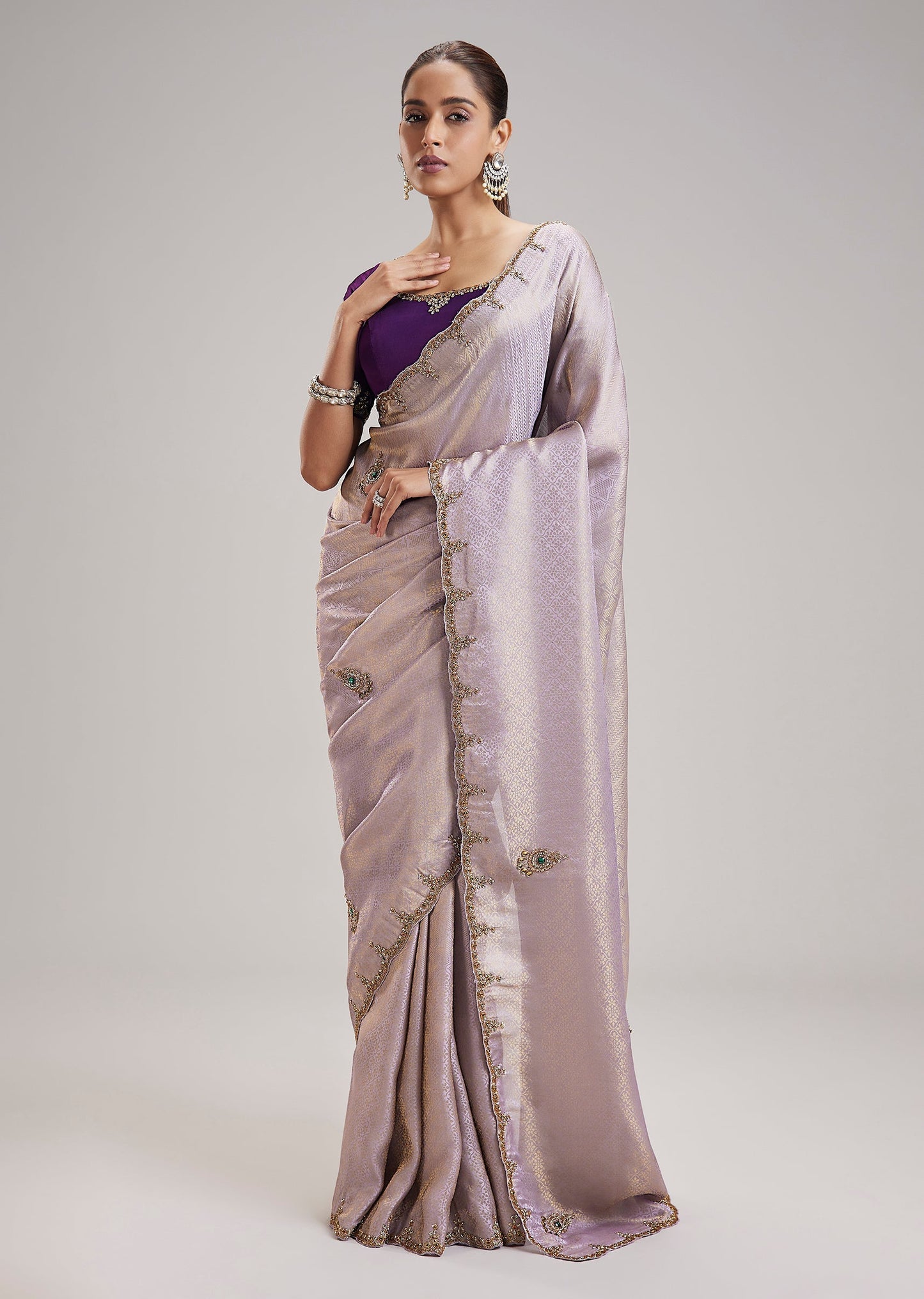 Mauve Tissue Jacquard Saree With Kundan Zardozi Beaded Border