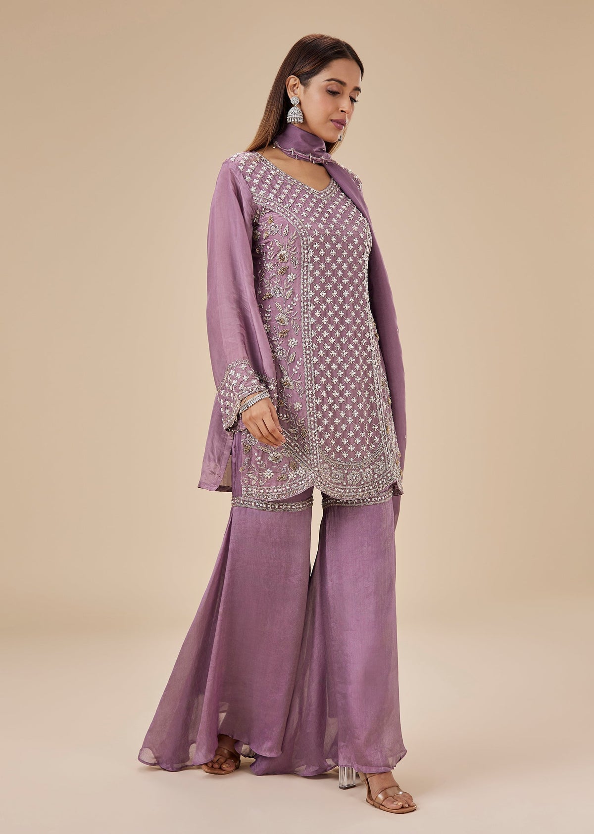 Mauve Tissue Silk Cut Dana Sharara Suit Set