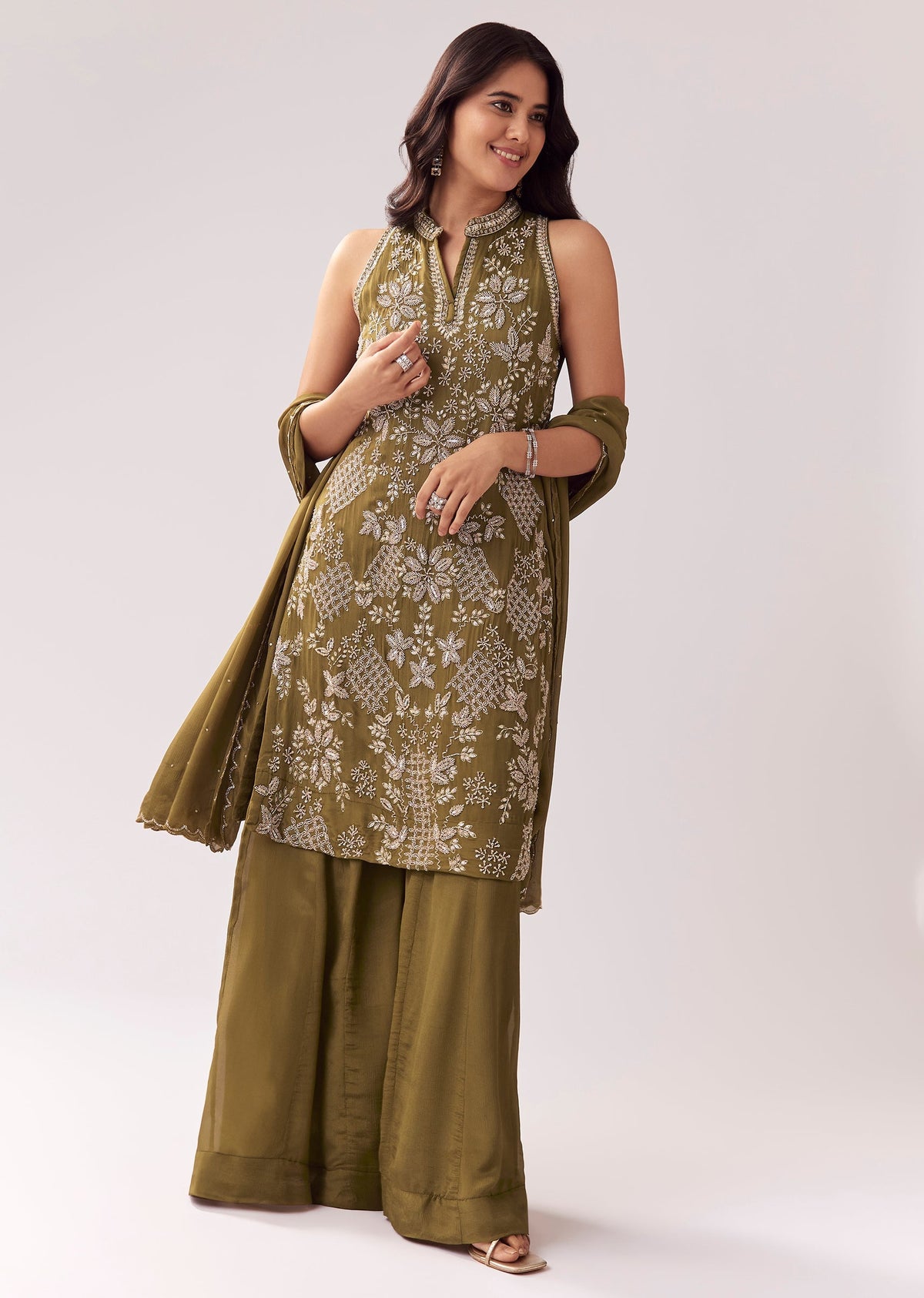 Mehendi Green Chinon Palazzo Suit With Beadwork