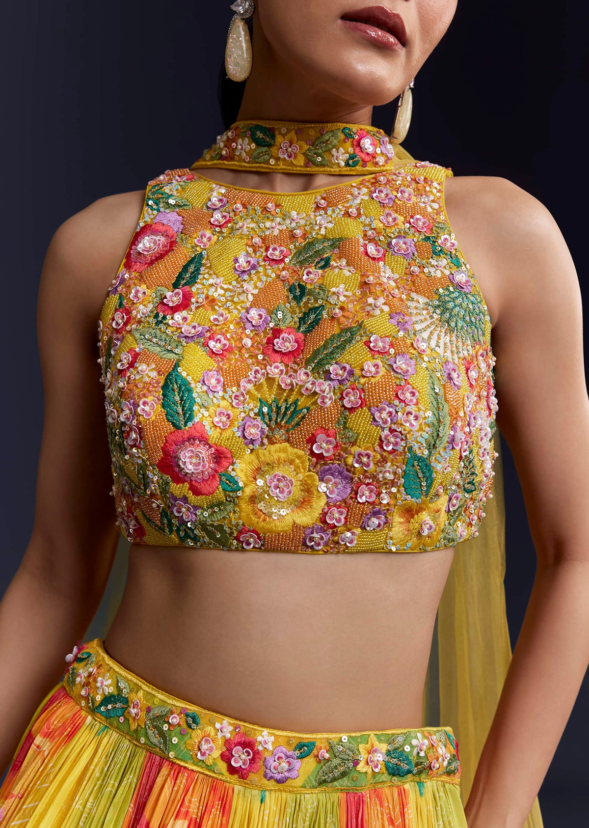 Multi Crepe Floral Print Bridesmaid Lehenga Set with Dupatta