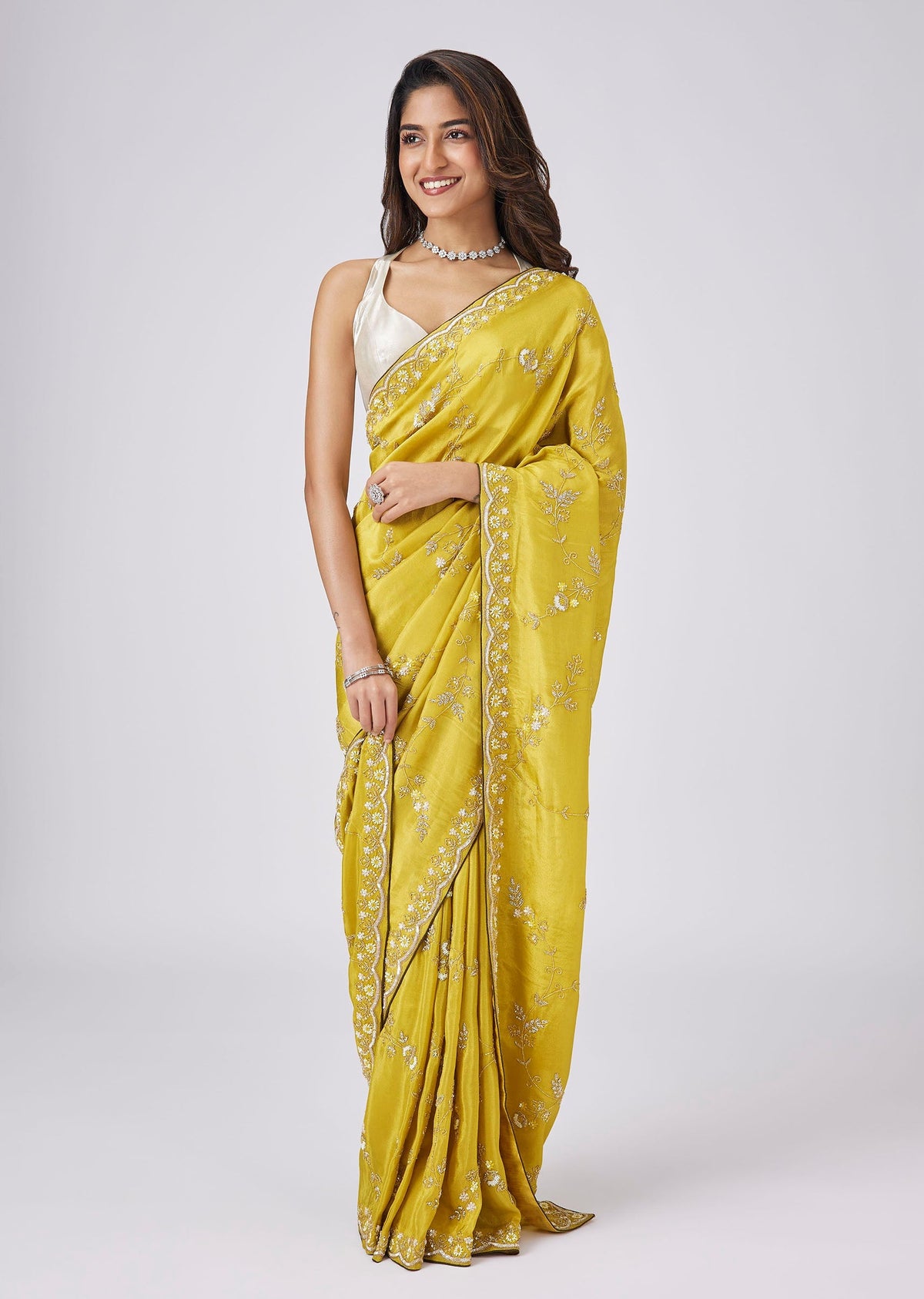 Mustard Yellow Tissue Saree With Jaal Embroidery