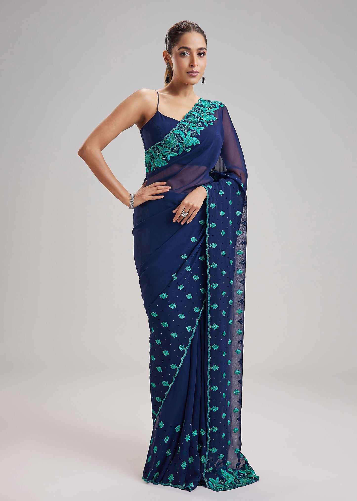Navy Blue Kashmiri Hand Embroidered Georgette Saree