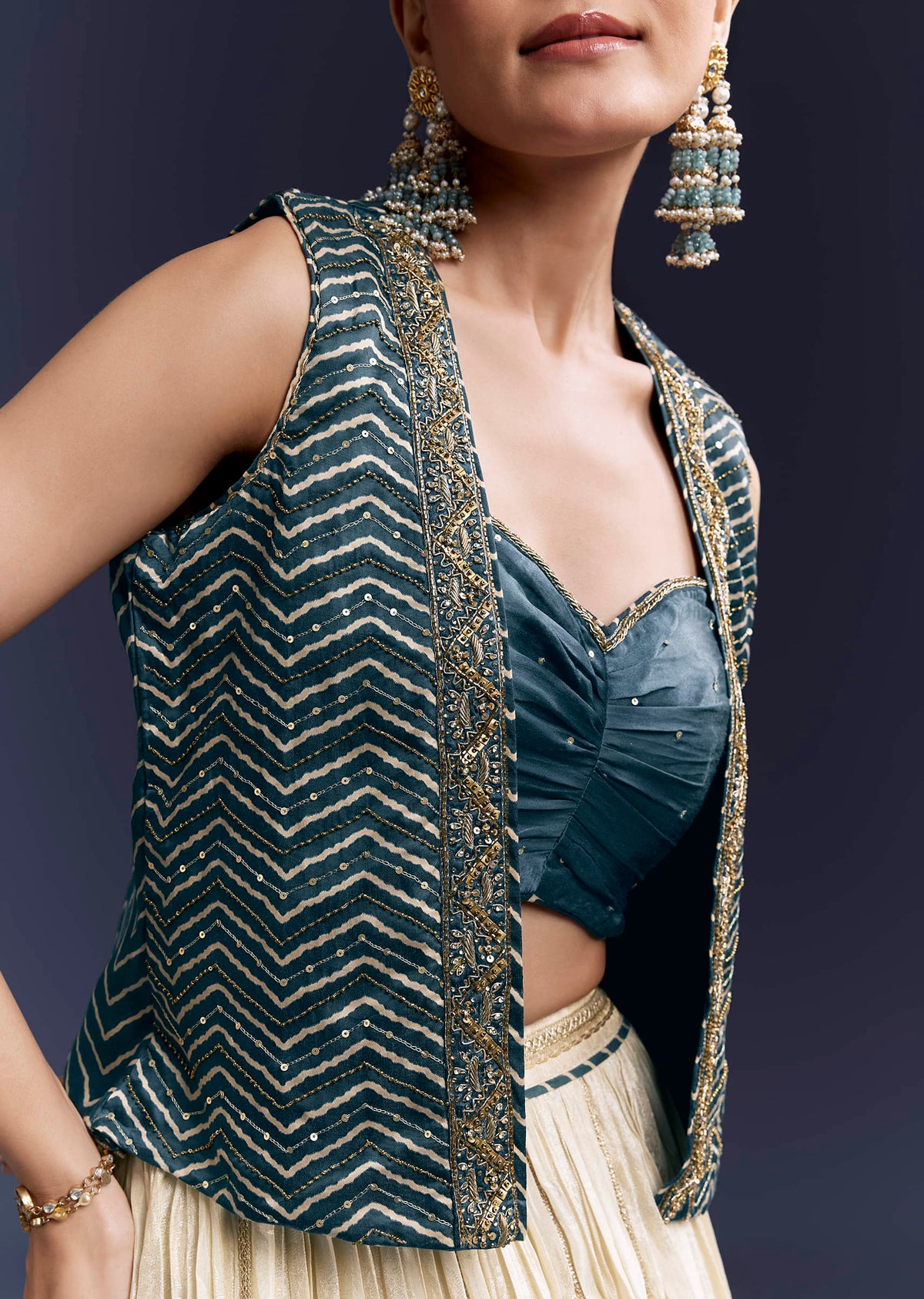 Navy Blue Satin Festive Lehenga With Hand Dyed Chevron Print Jacket