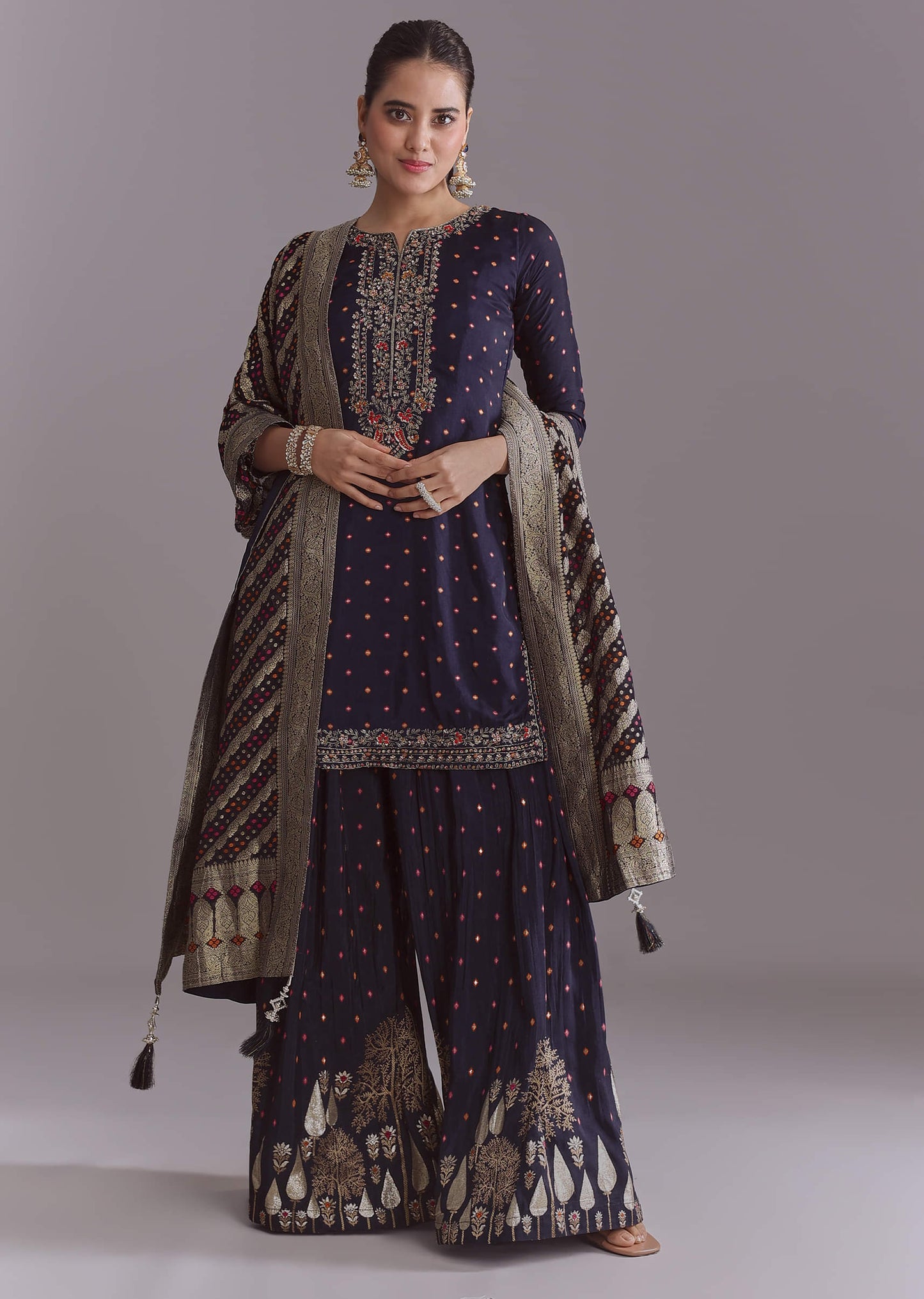 Navy Blue Silk Embroidered Palazzo Suit With Banarasi Organza Dupatta