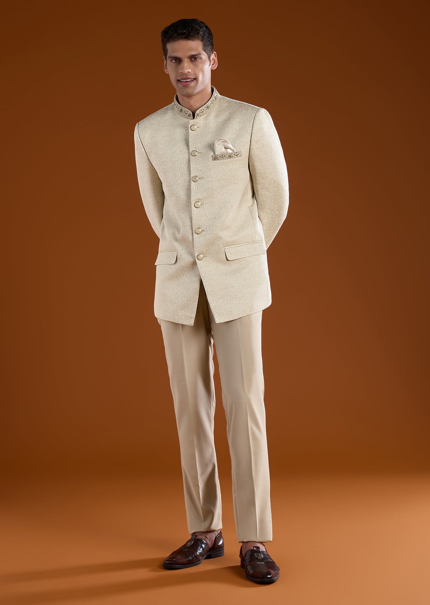 Off White Jodhpuri and Pant Set in Viscose