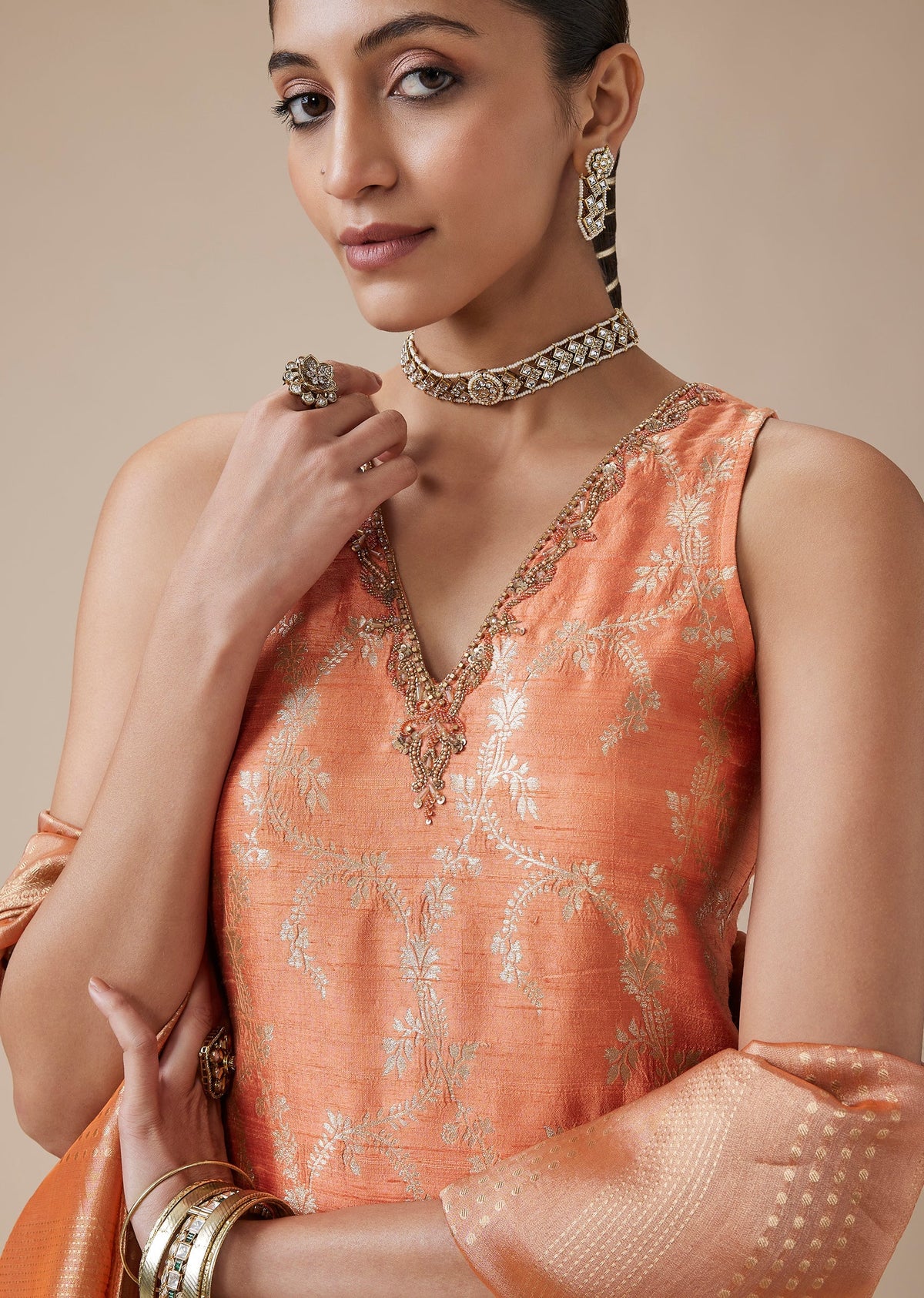 Orange Brocade Sharara Suit Set