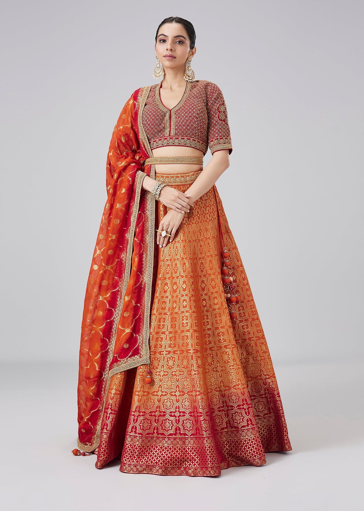 Orange Ombre Brocade Traditional Lehenga Set With Belt